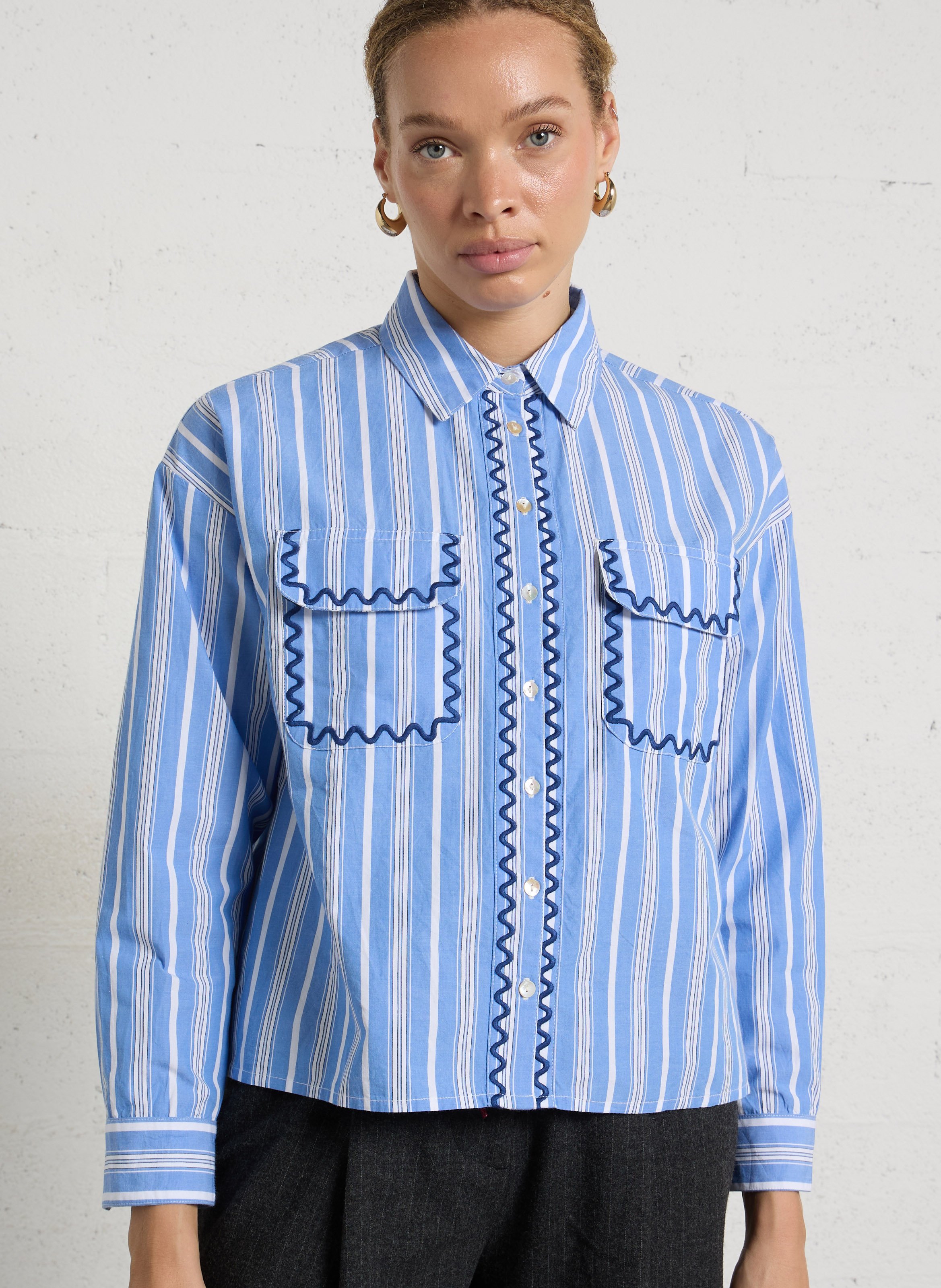 Striped straight cotton shirt with classic collar MAISON 123 Blue