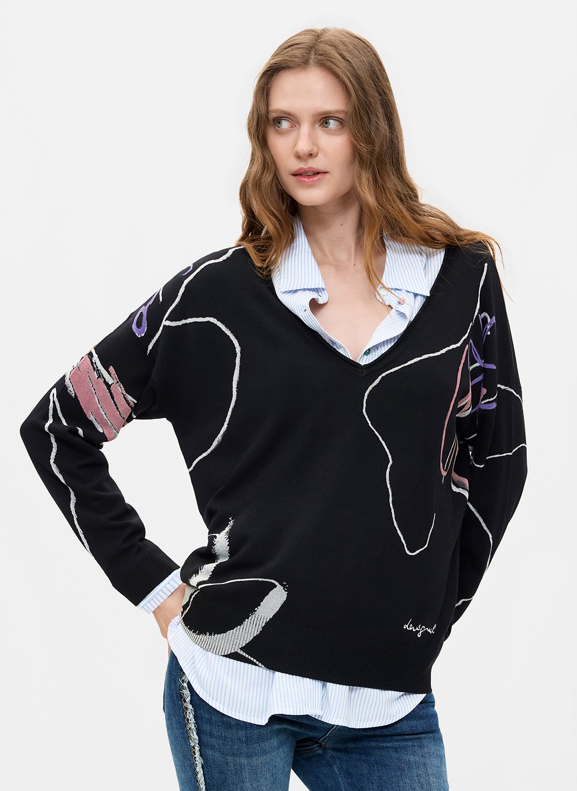 Pull col V  DESIGUAL Noir