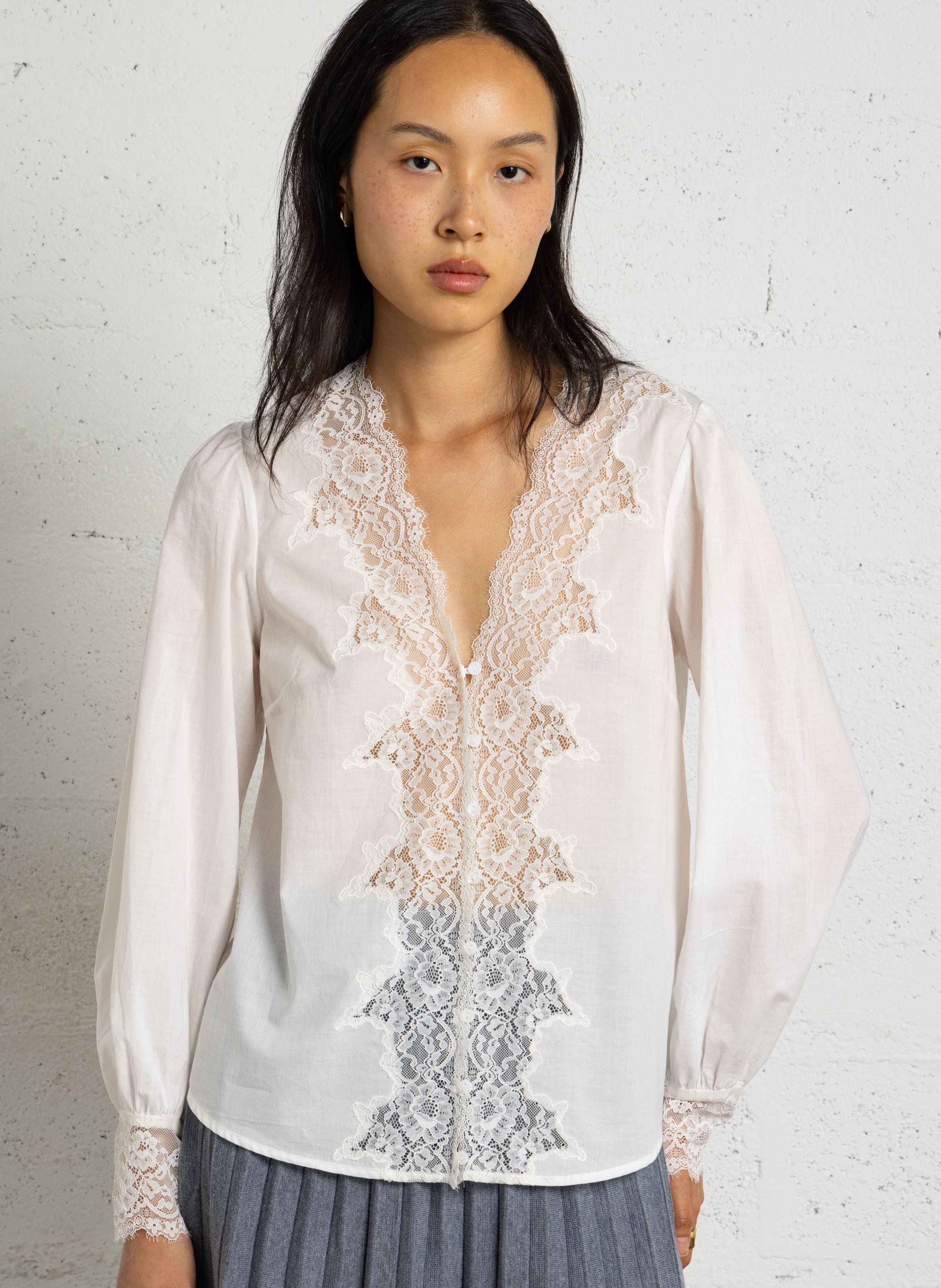 Blouse met V-hals en rechte pasvorm met kant PETITE MENDIGOTE