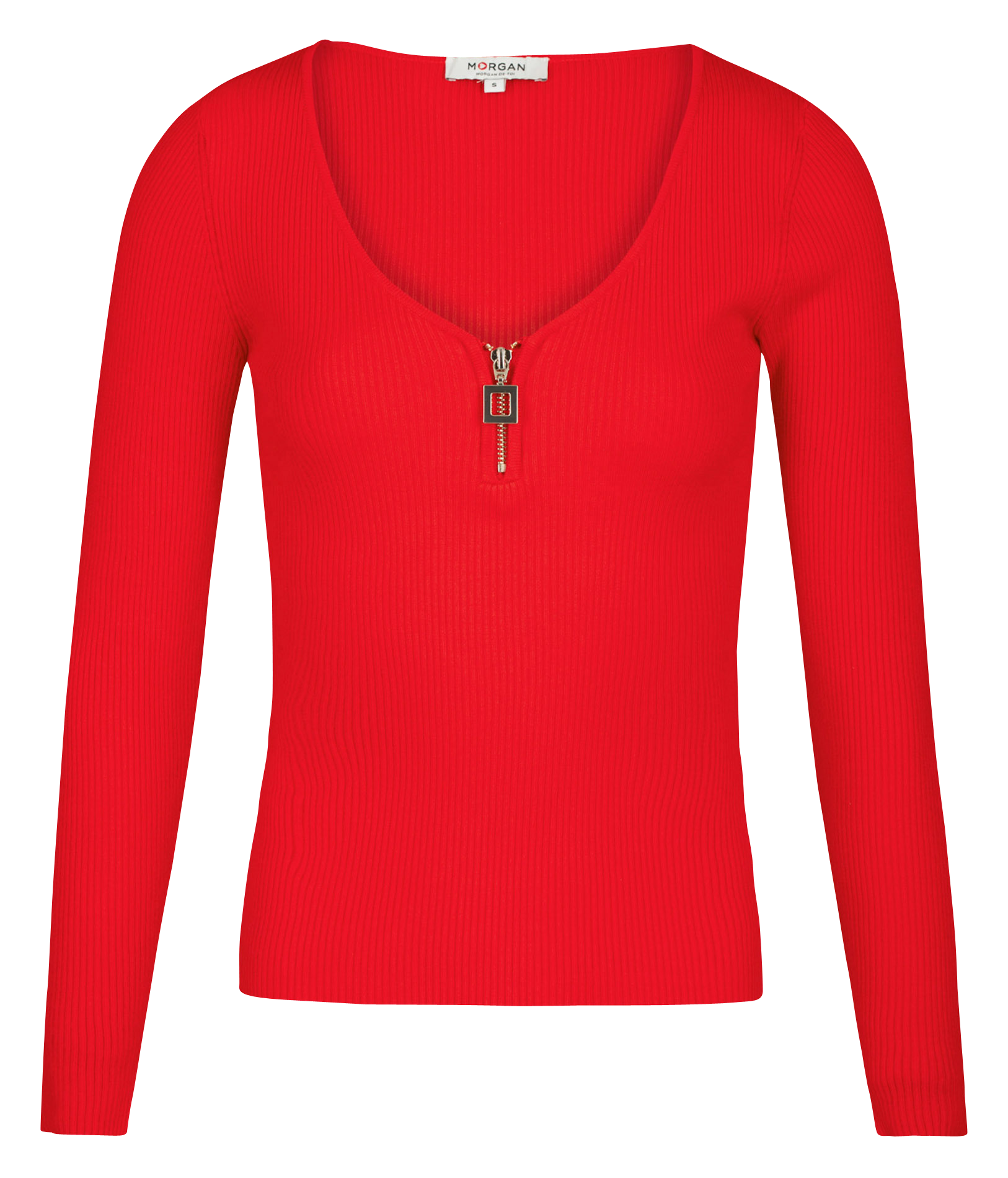 Pull col V zippé en maille mélangée MORGAN Rouge