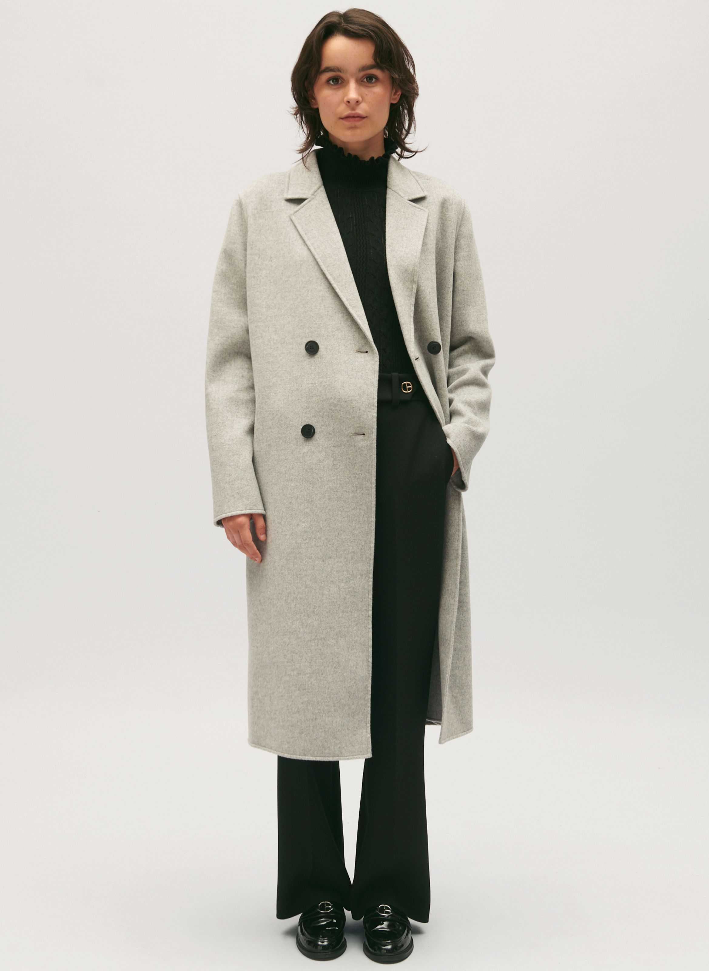 Manteau col tailleur en laine m lang e Gris