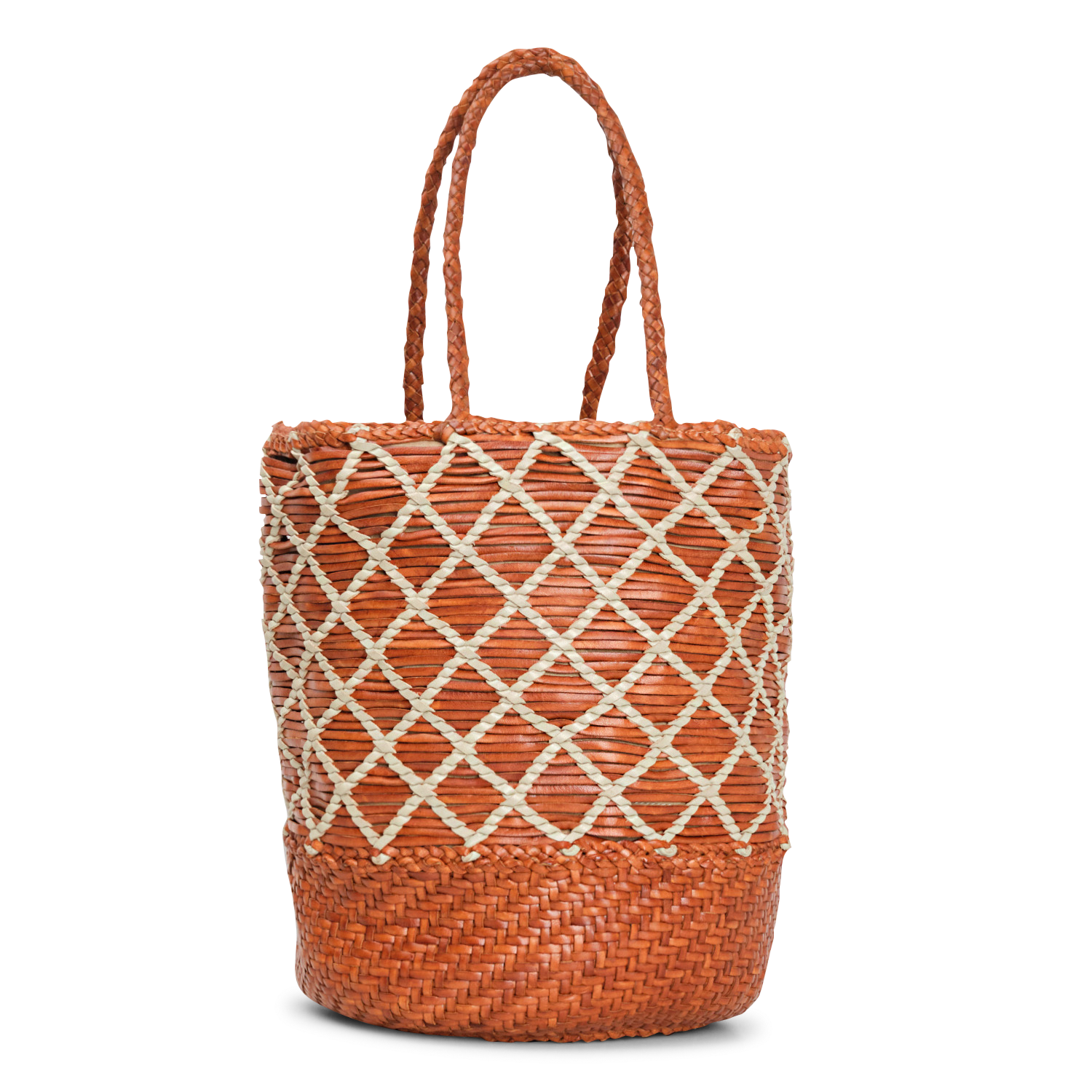 Woven leather bucket bag with ties Tan pearl Dragon