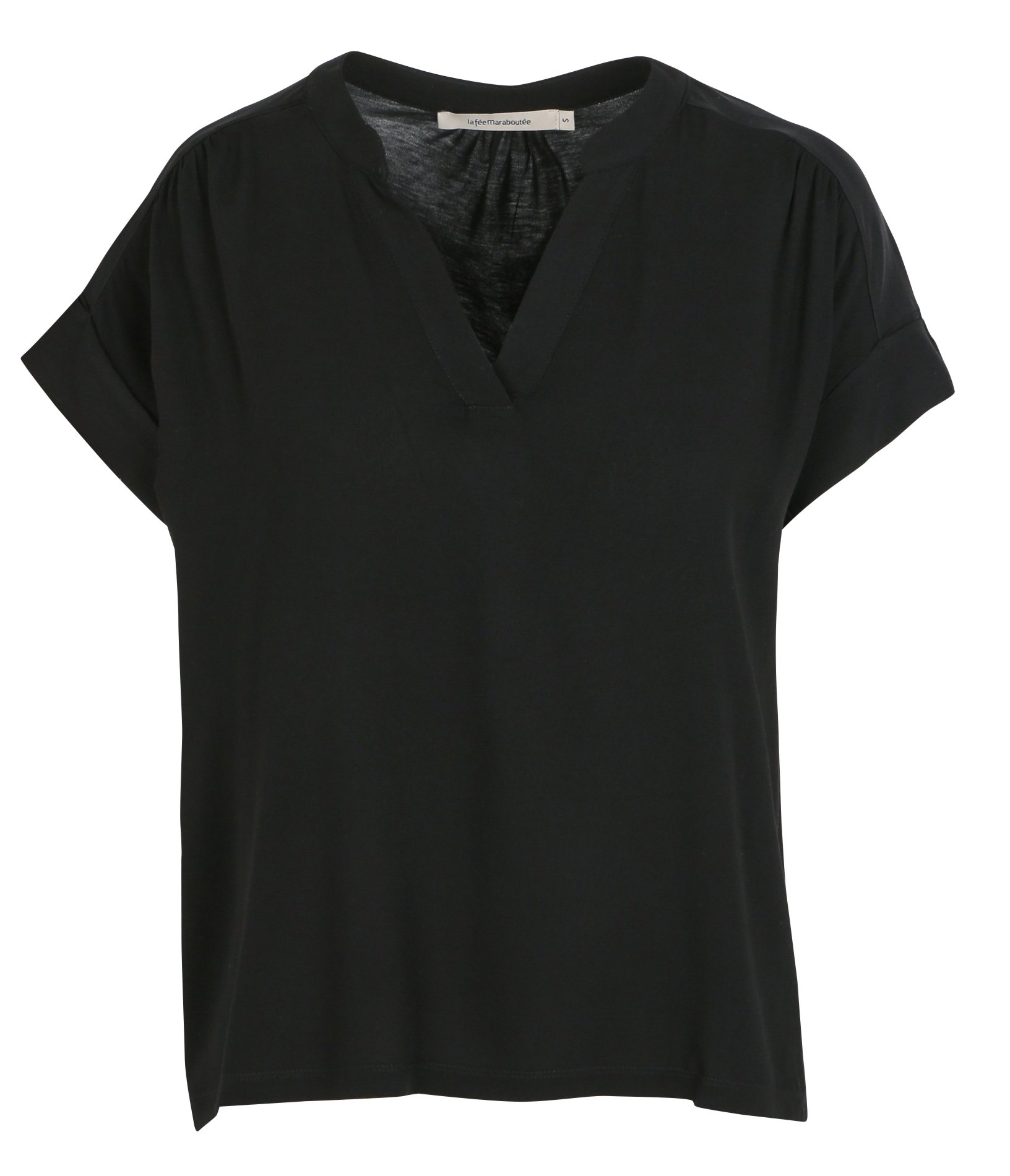 Oversized V-neck T-shirt in two materials LA FEE MARABOUTEE Black
