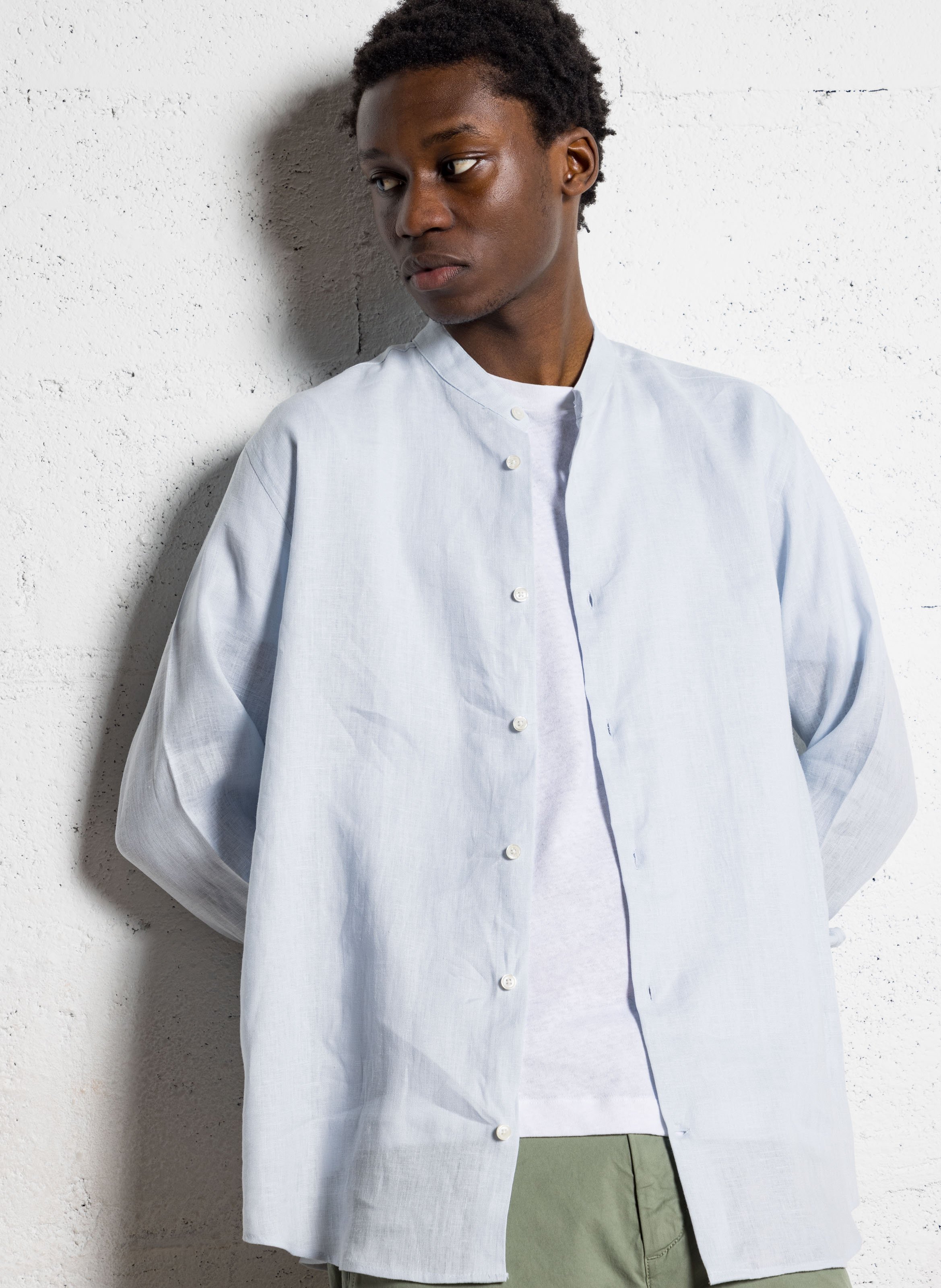 Mandarin collar linen shirt AU PRINTEMPS PARIS Blue