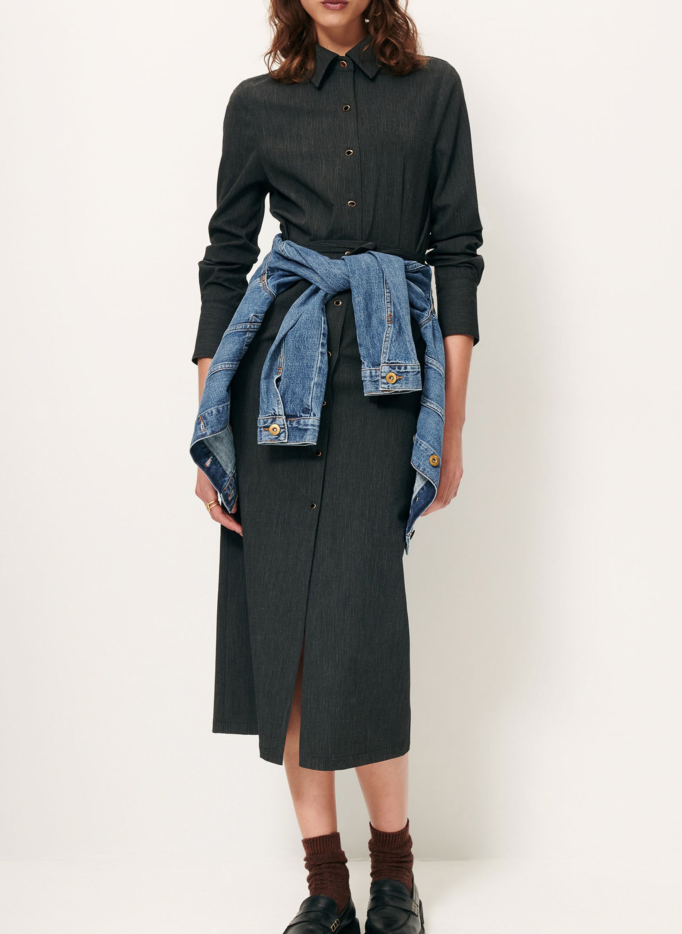 Fitted midi dress with fine stripes SESSUN Grey