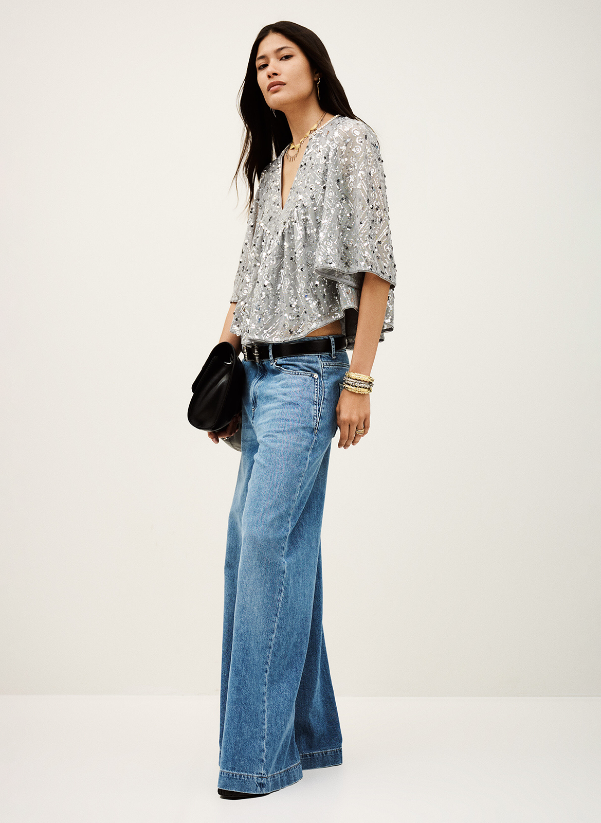 Top ample col V à sequins BA&SH Argent