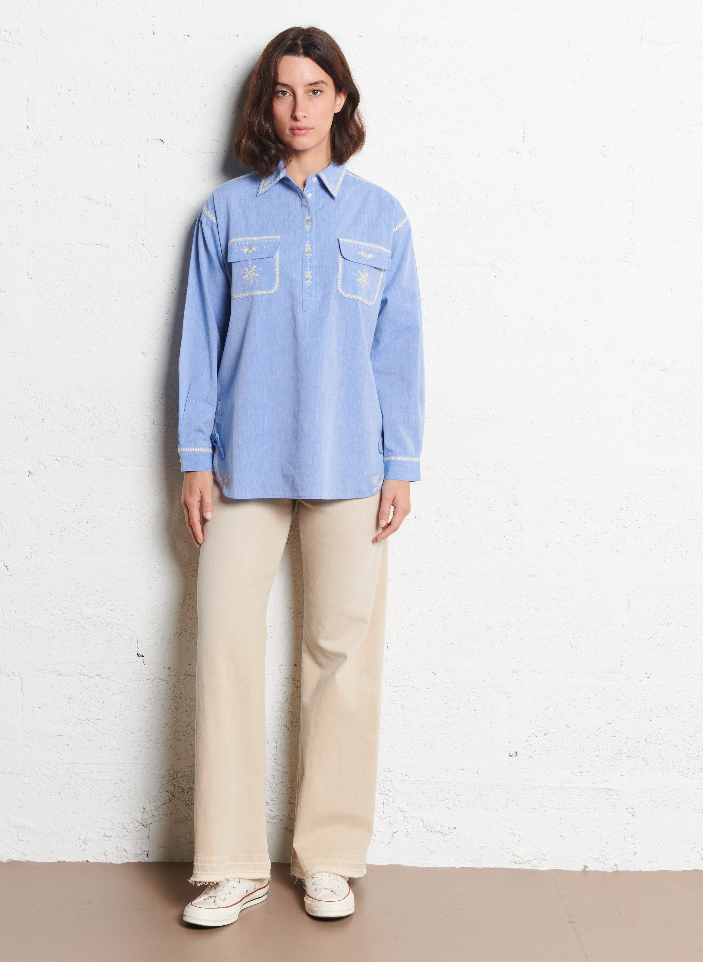 Oversized blouse with classic embroidered collar in cotton HOD PARIS Blue