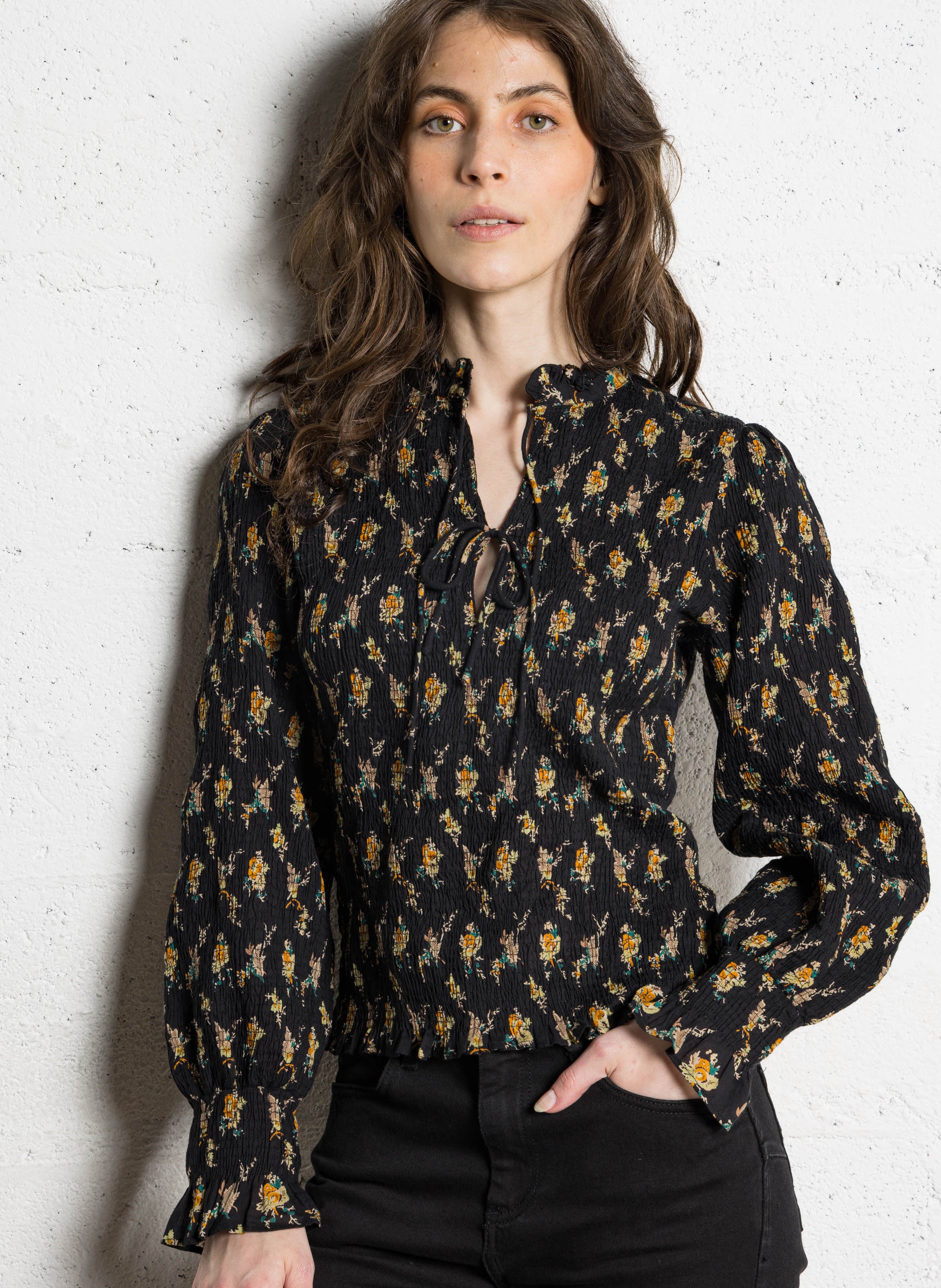 Bedruckte Bluse mit Falten aus Baumwolle ANTIK BATIK Schwarz