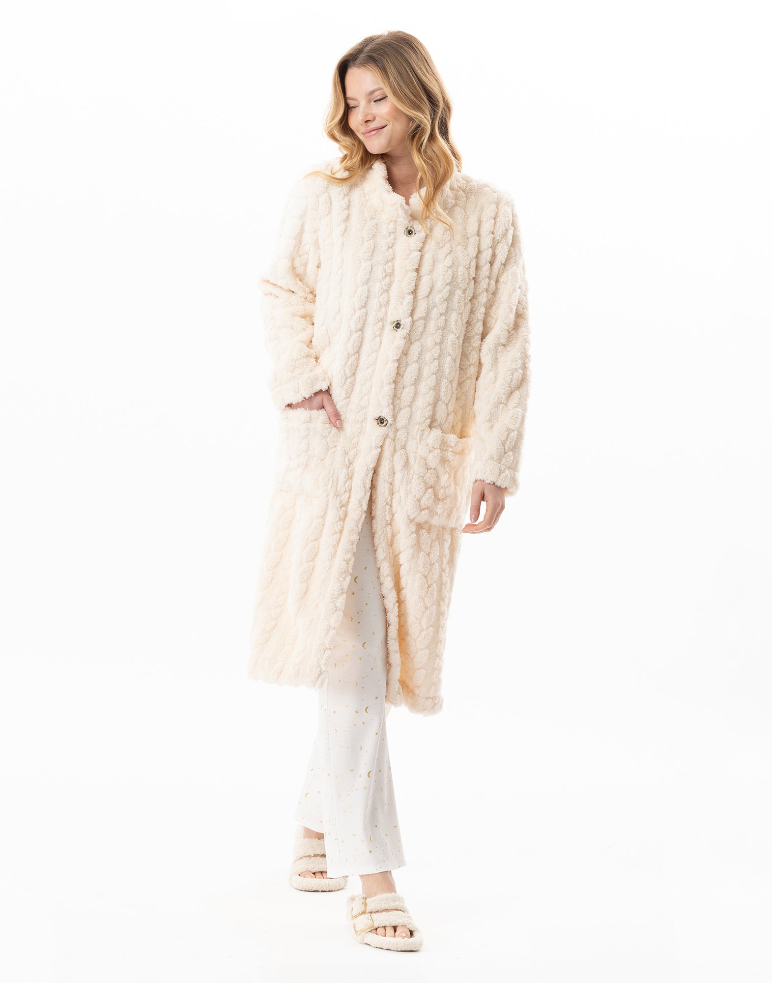 Braided effect button-up dressing gown Beige
