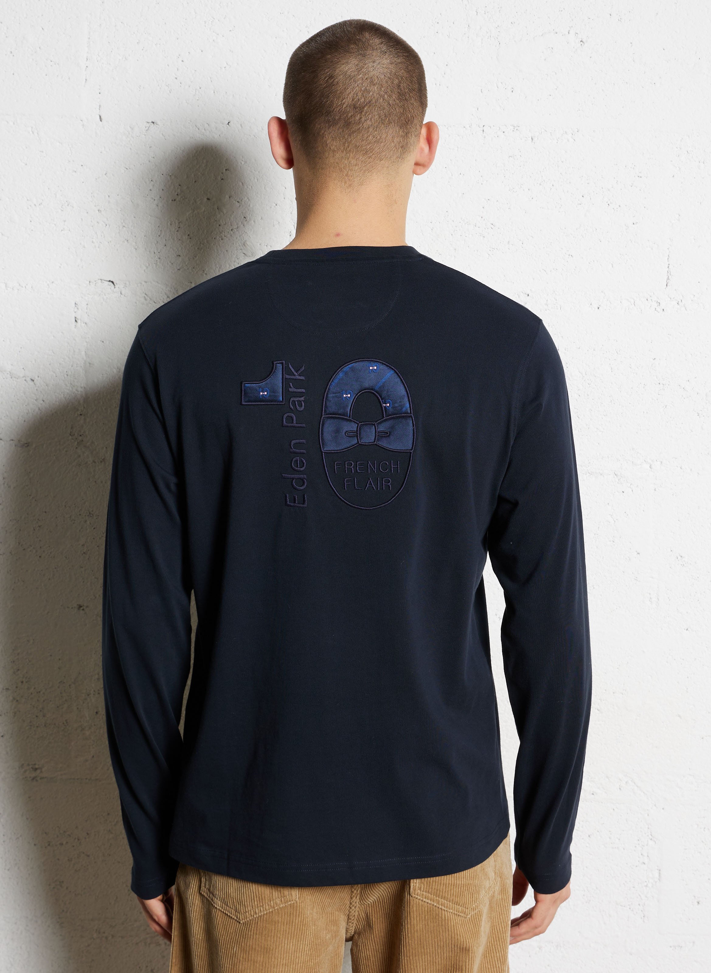 Tee-shirt droit col rond brodé en coton EDEN PARK Bleu