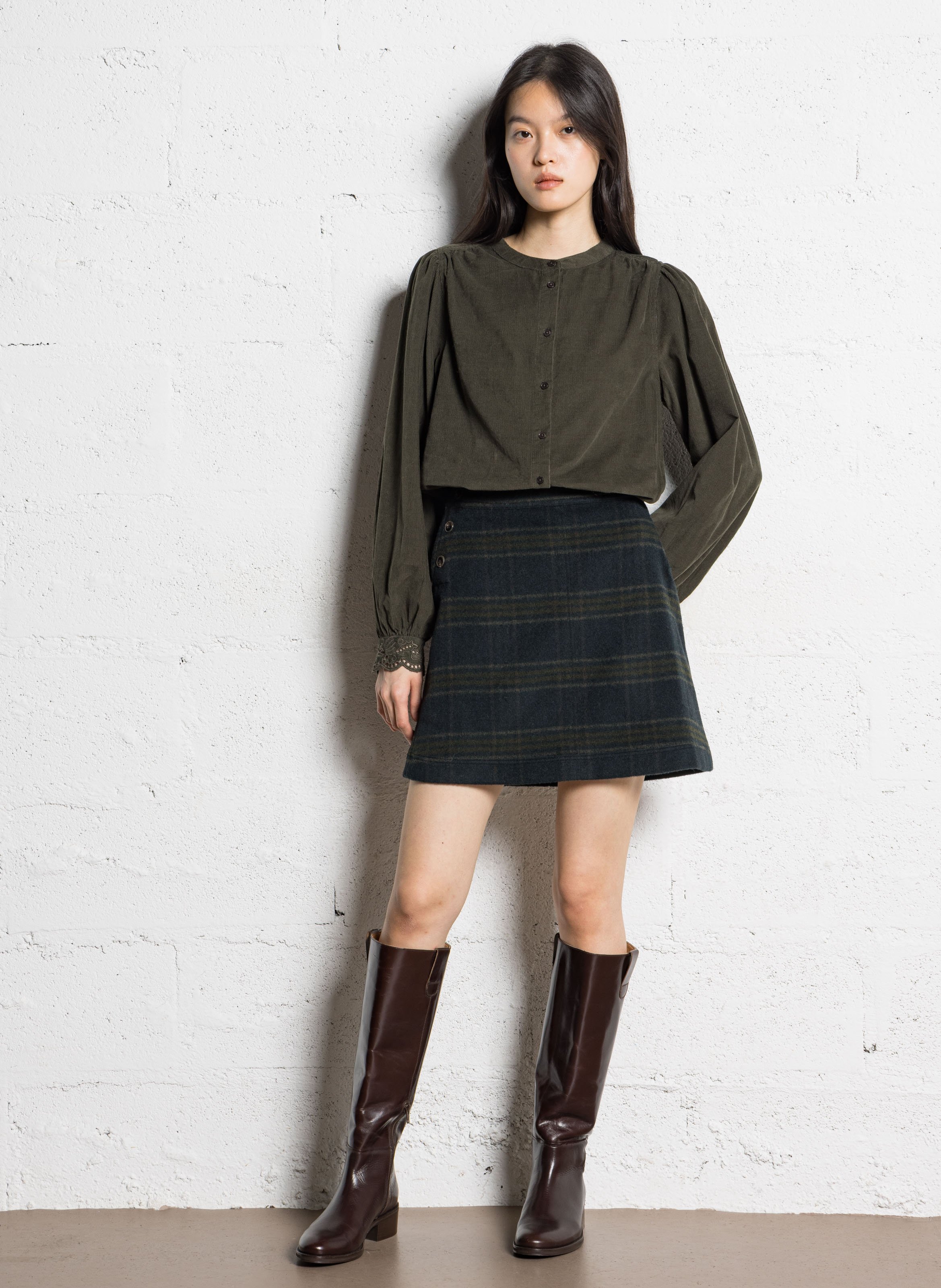 Jupe courte à carreaux en laine mélangée MAISON 123 Bleu