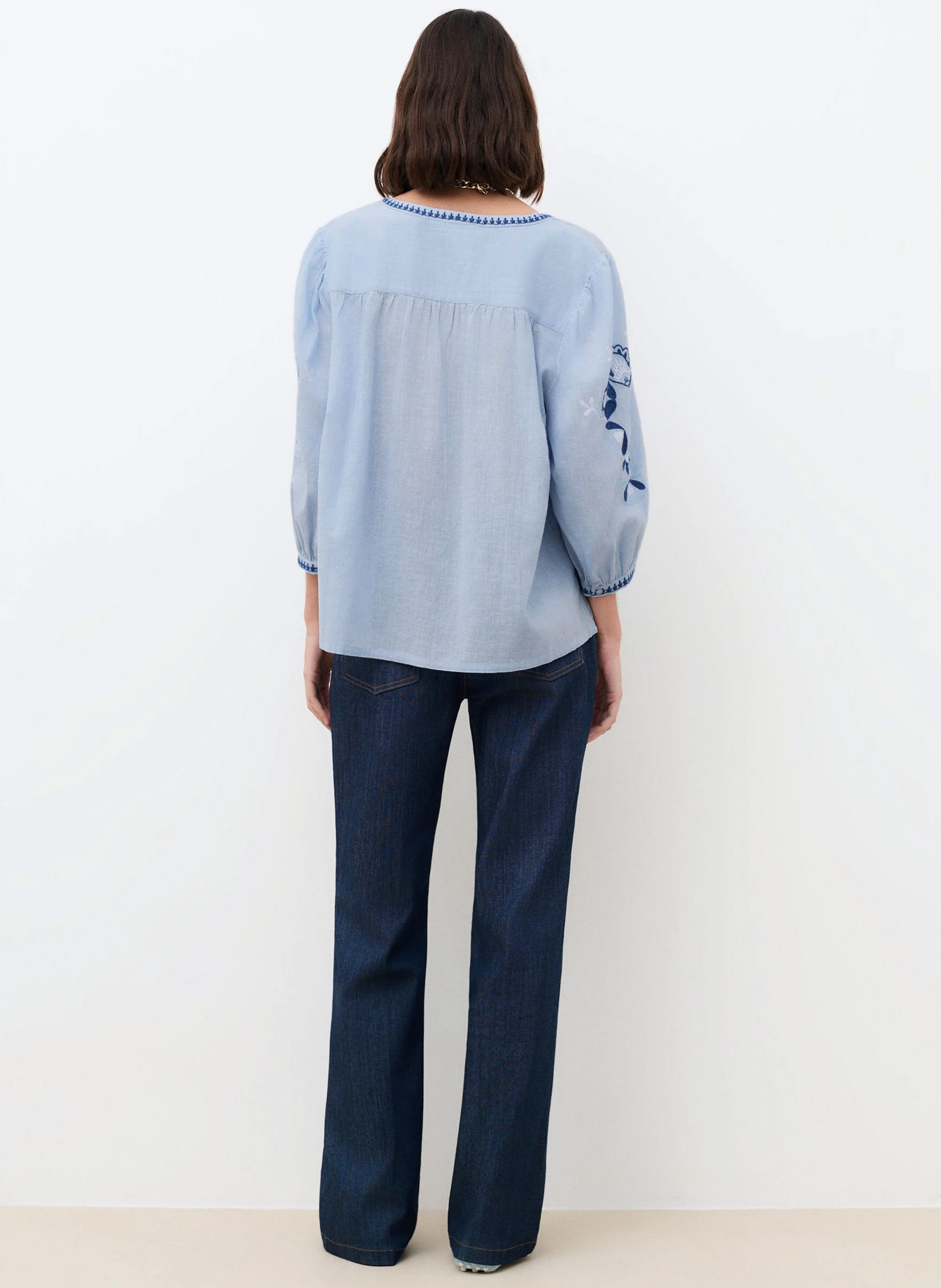 Loose-fit cotton henley blouse Blue