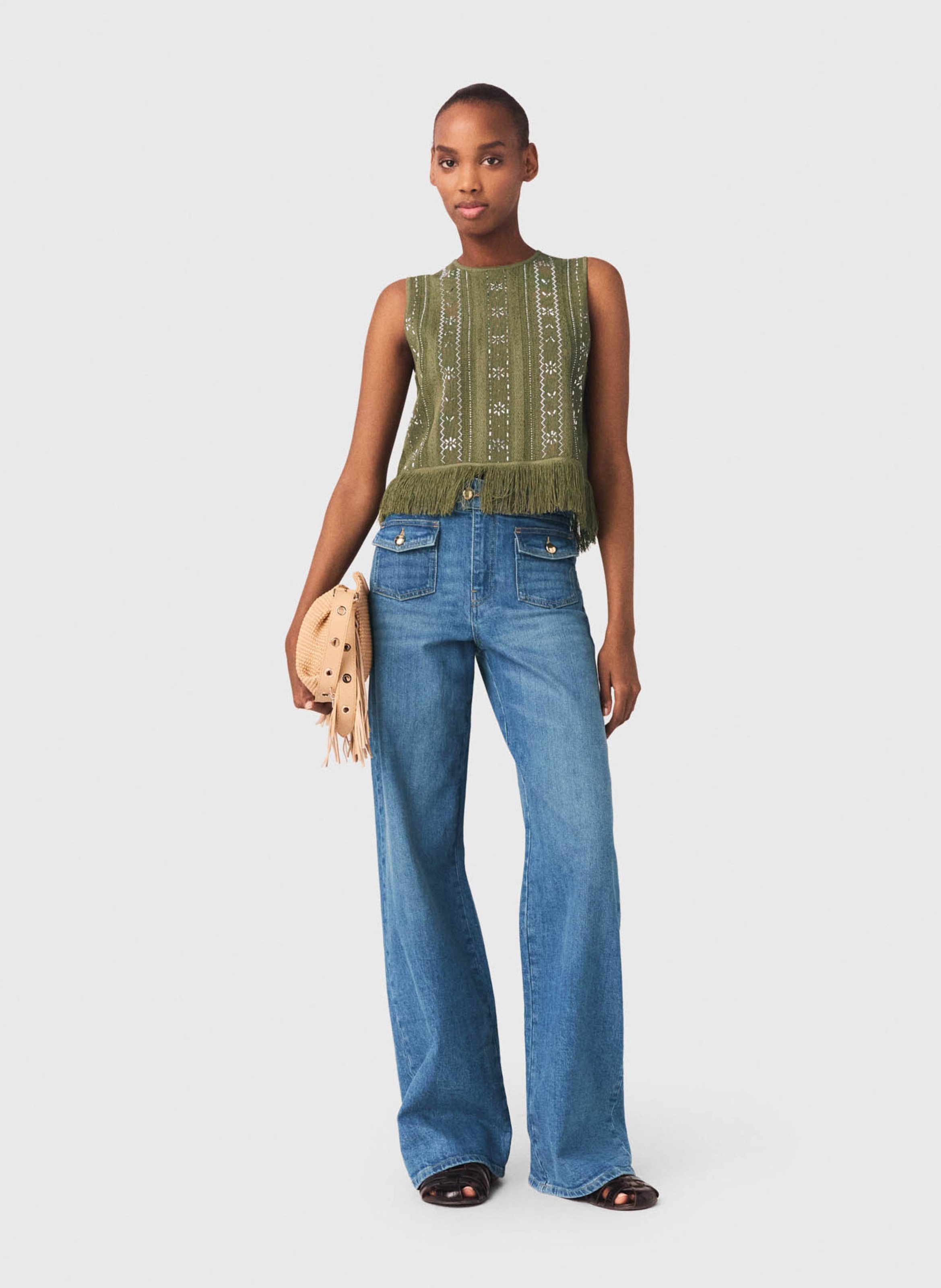 Mouwloze top met franjes en fantasiedetails MAJE Kaki