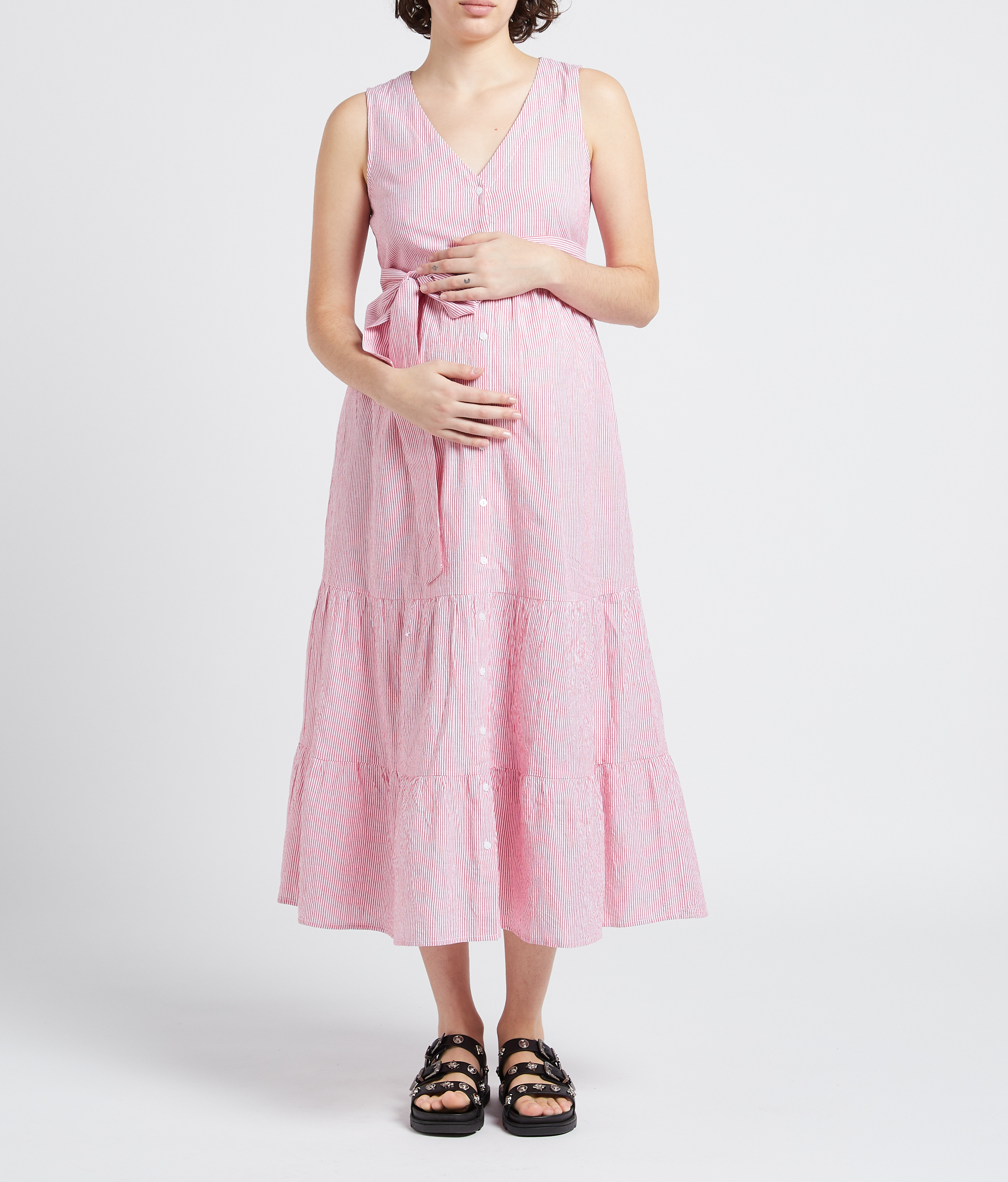 Straight striped V-neck cotton maternity dress SERAPHINE Red