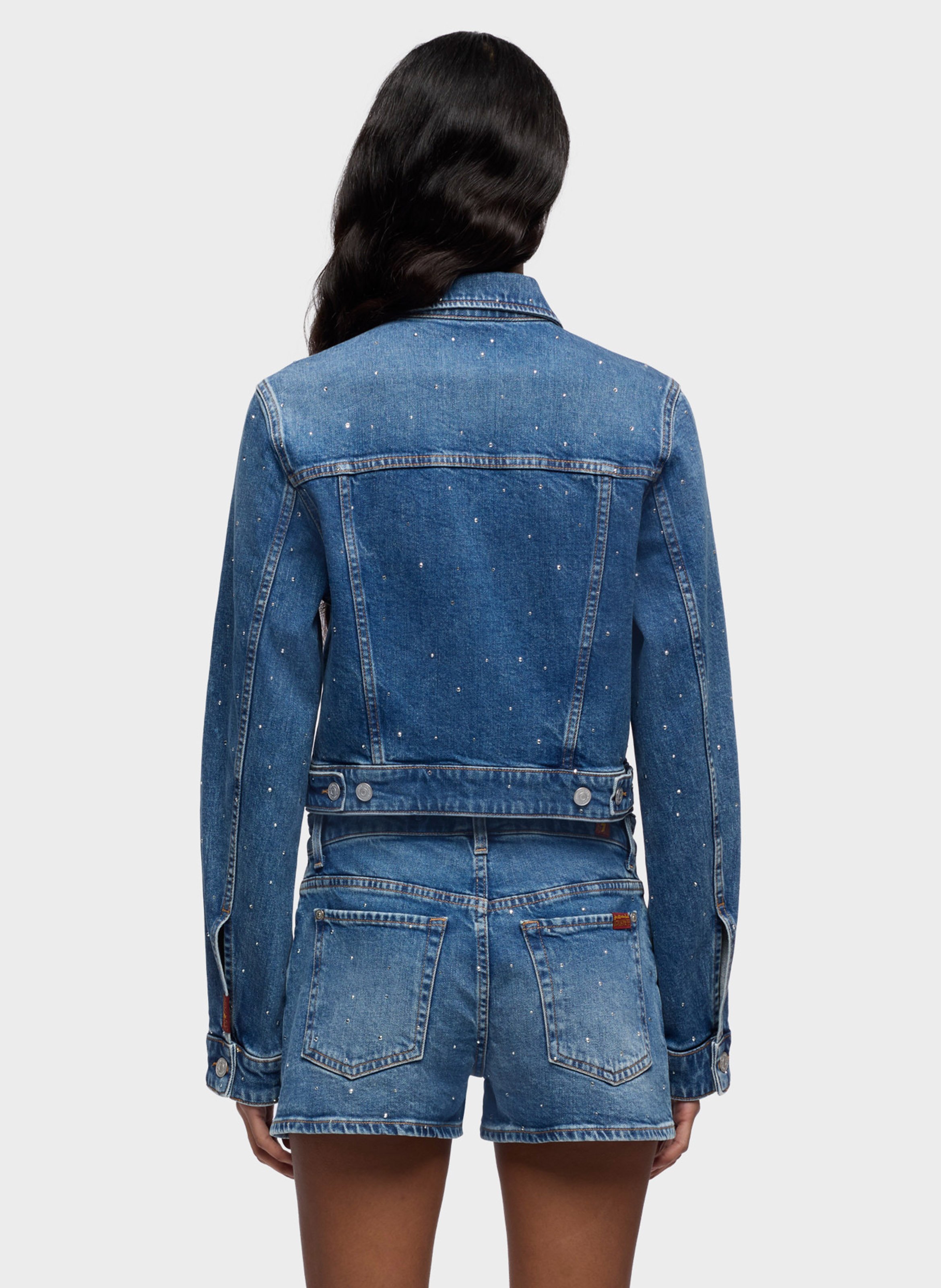 Veste courte en jean à strass 7 FOR ALL MANKIND Bleu