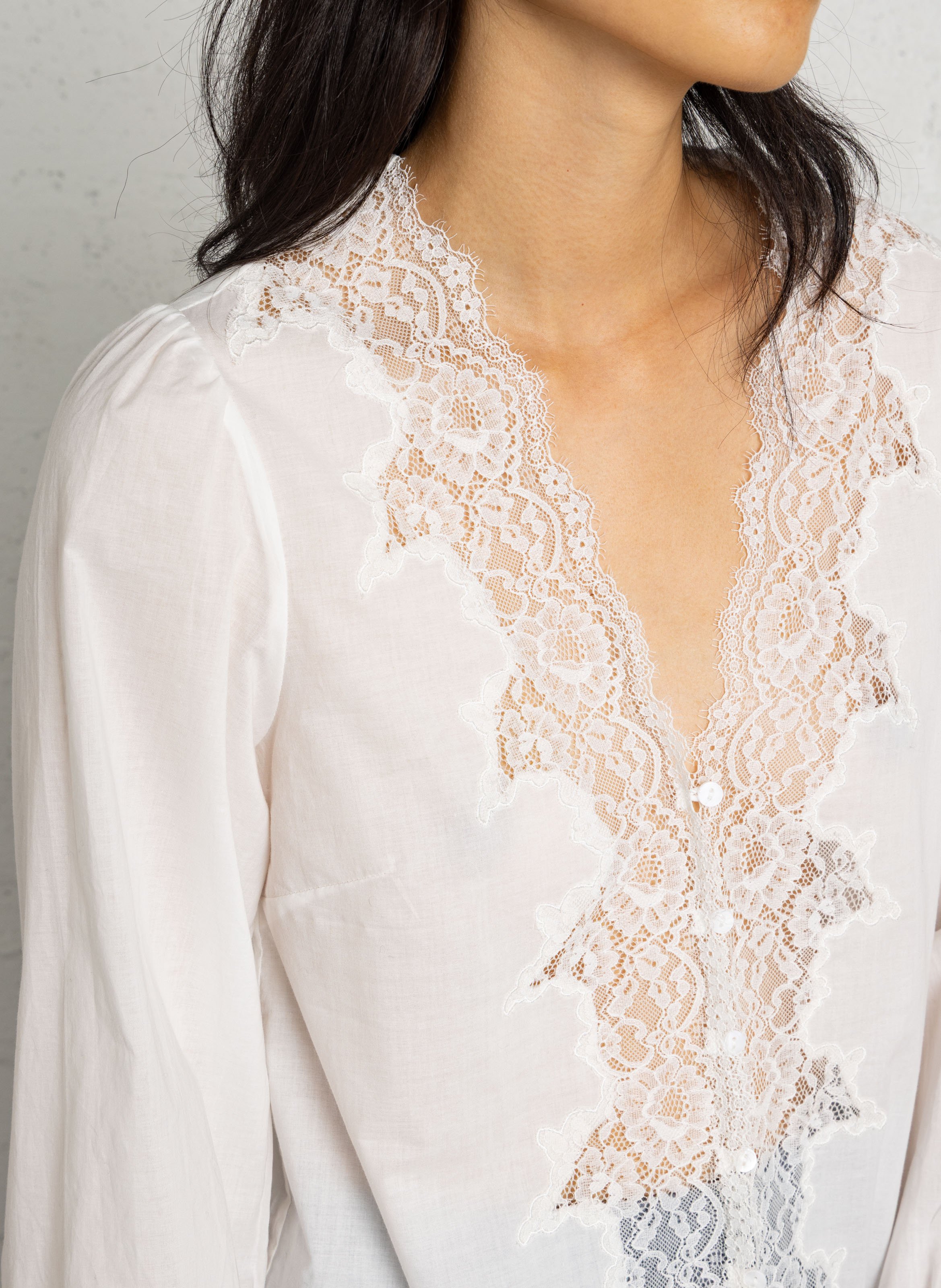 Blouse met V-hals en rechte pasvorm met kant PETITE MENDIGOTE Beige