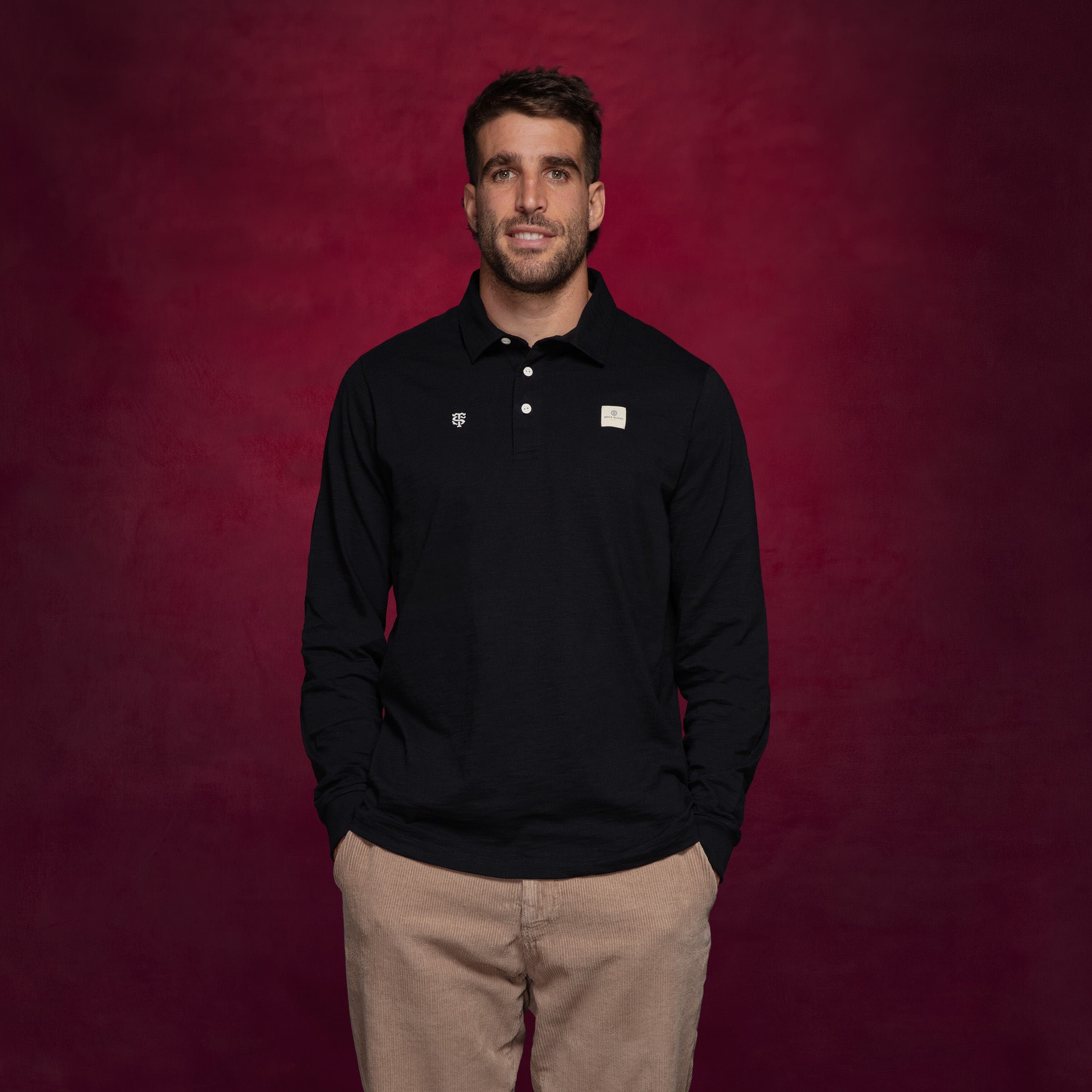 Men’s long-sleeved rugby polo shirt, 100% cotton SERGE BLANCO Black