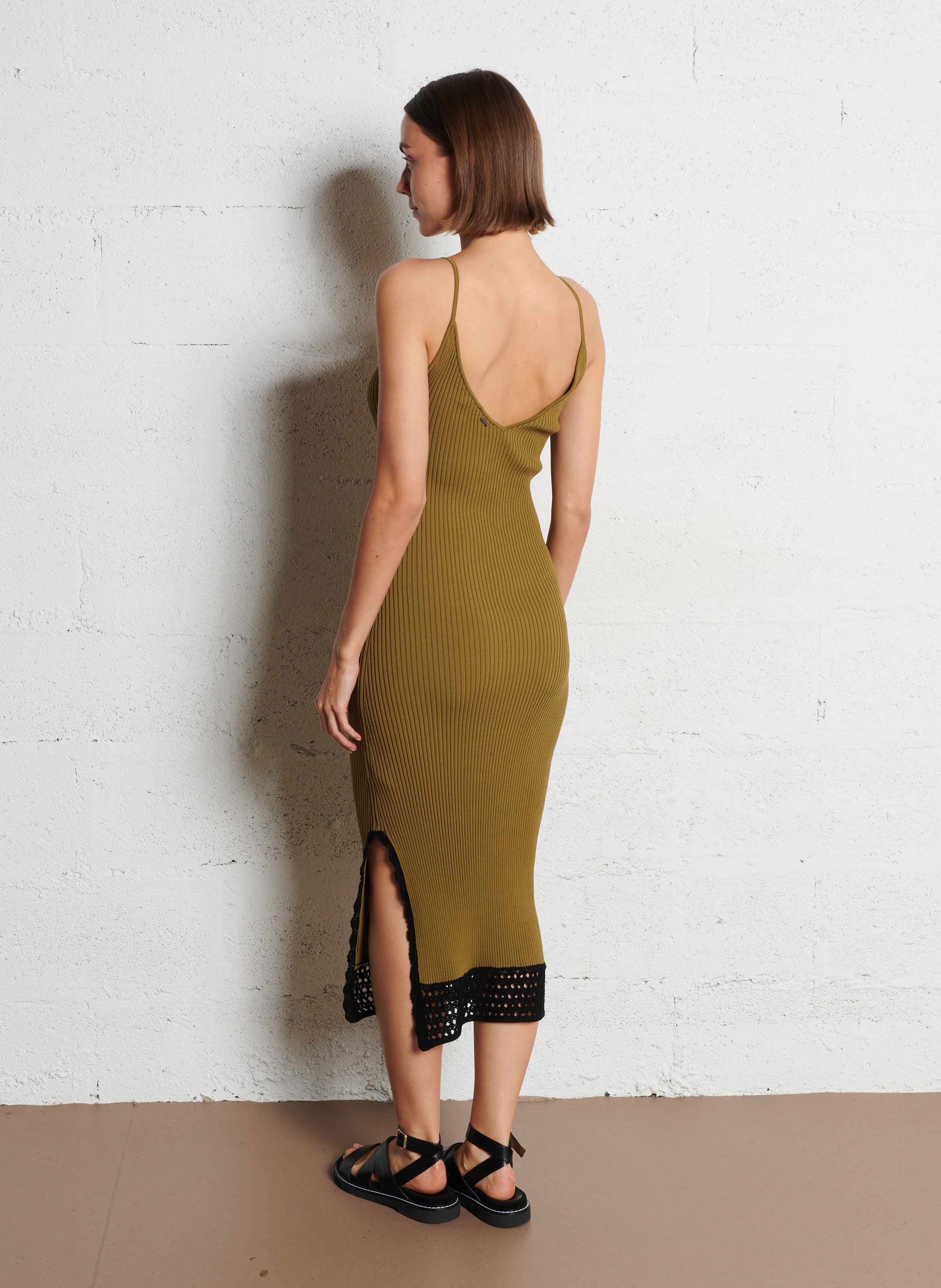 Robe midi col v  IKKS Kaki