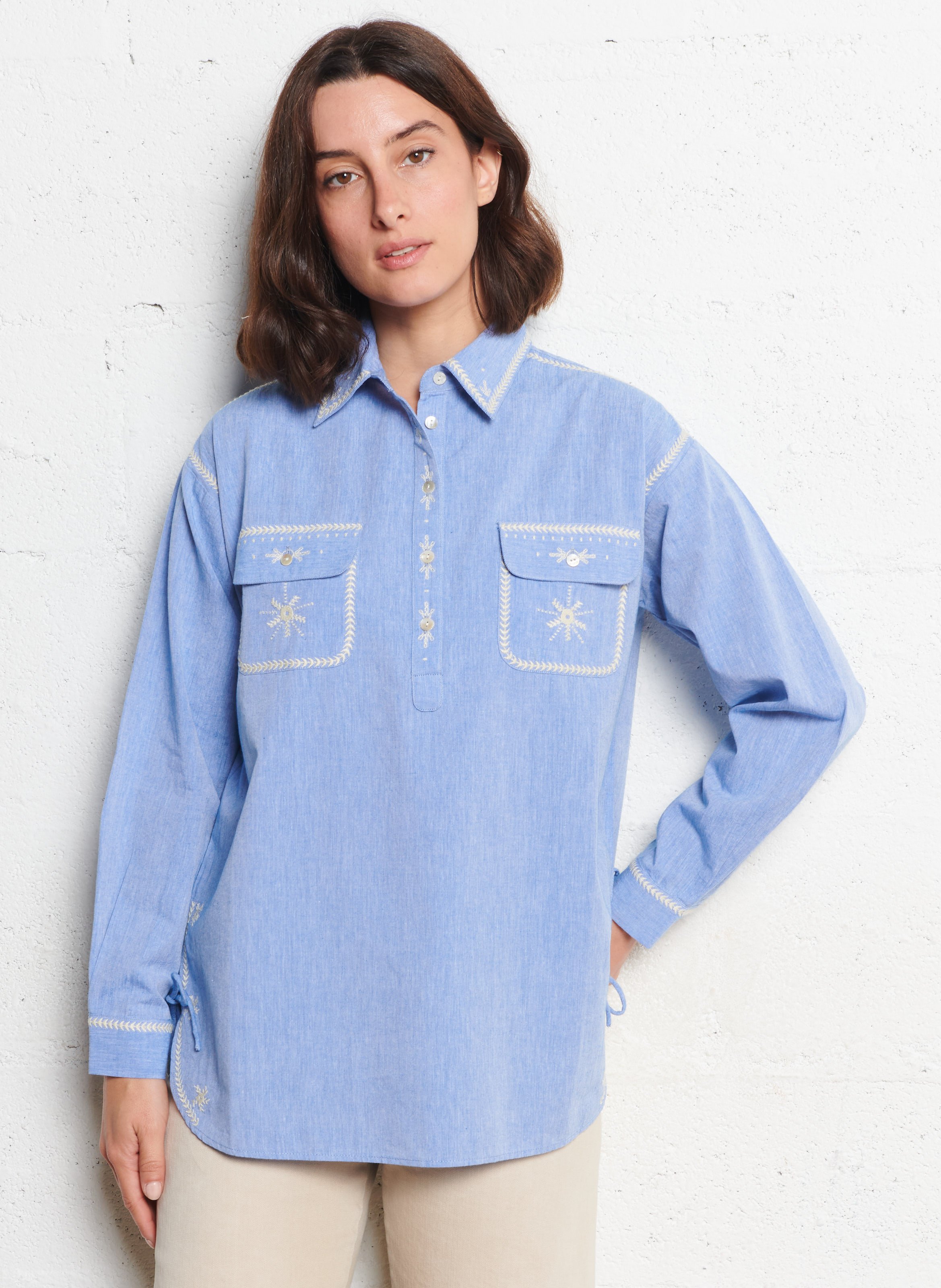 Oversized blouse with classic embroidered collar in cotton HOD PARIS Blue