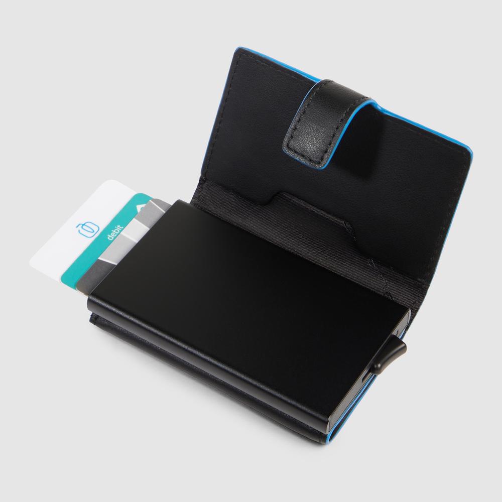 Automatic flap card holder in leather and metal with RFID protection PIQUADRO Black