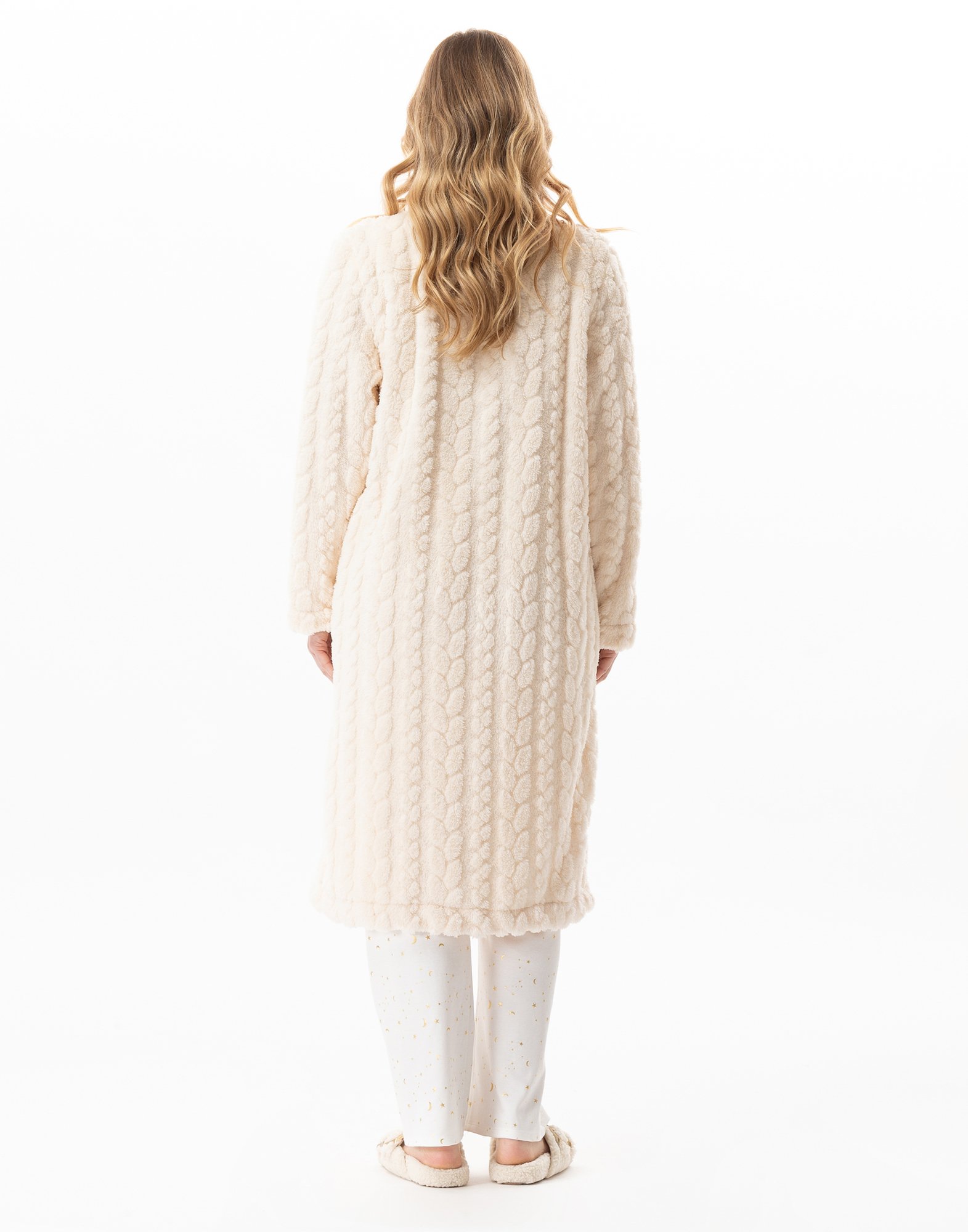 Braided effect button-up dressing gown Beige
