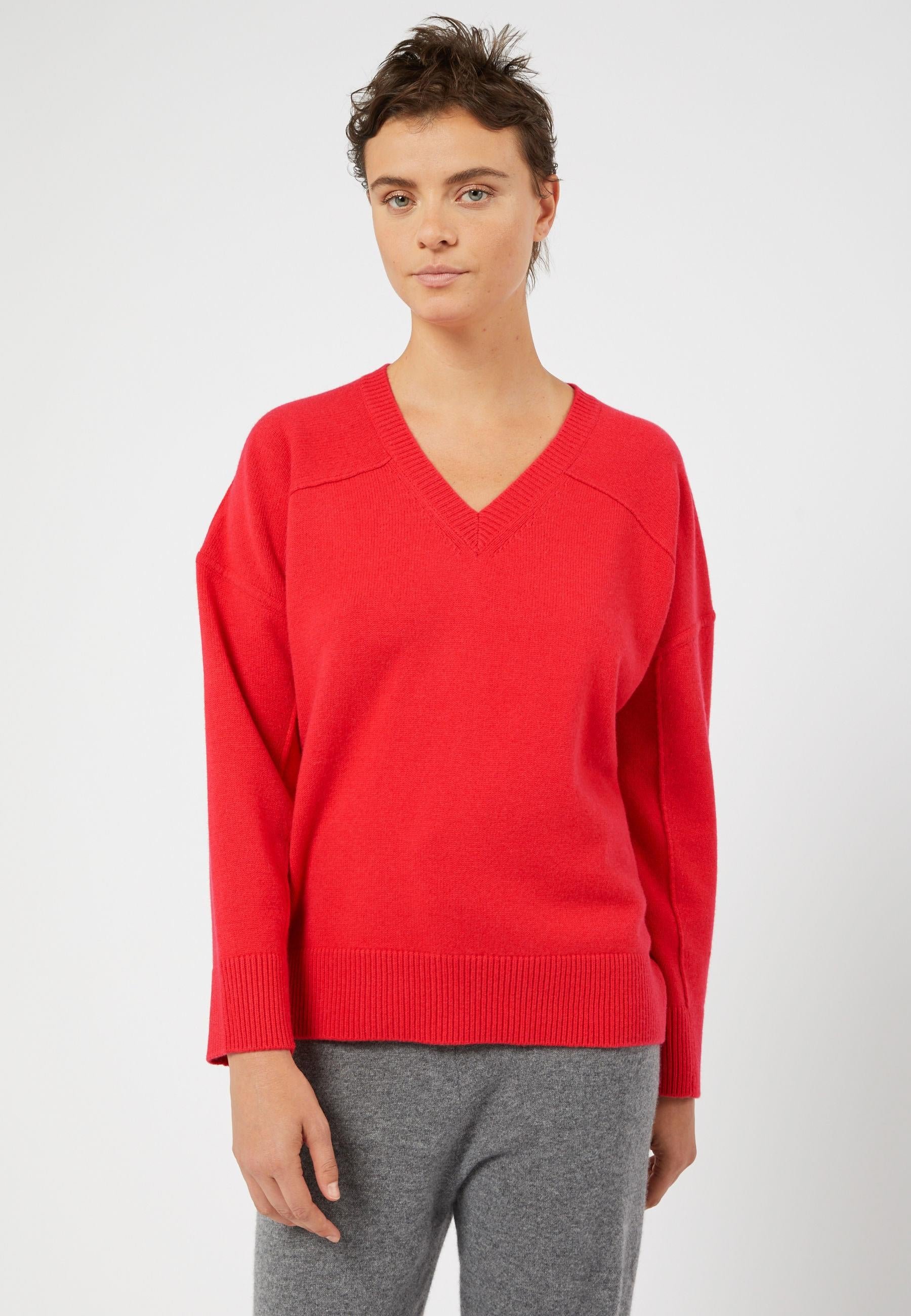 Oversized V-neck cashmere sweater in 4-ply yarn RODIER Orange