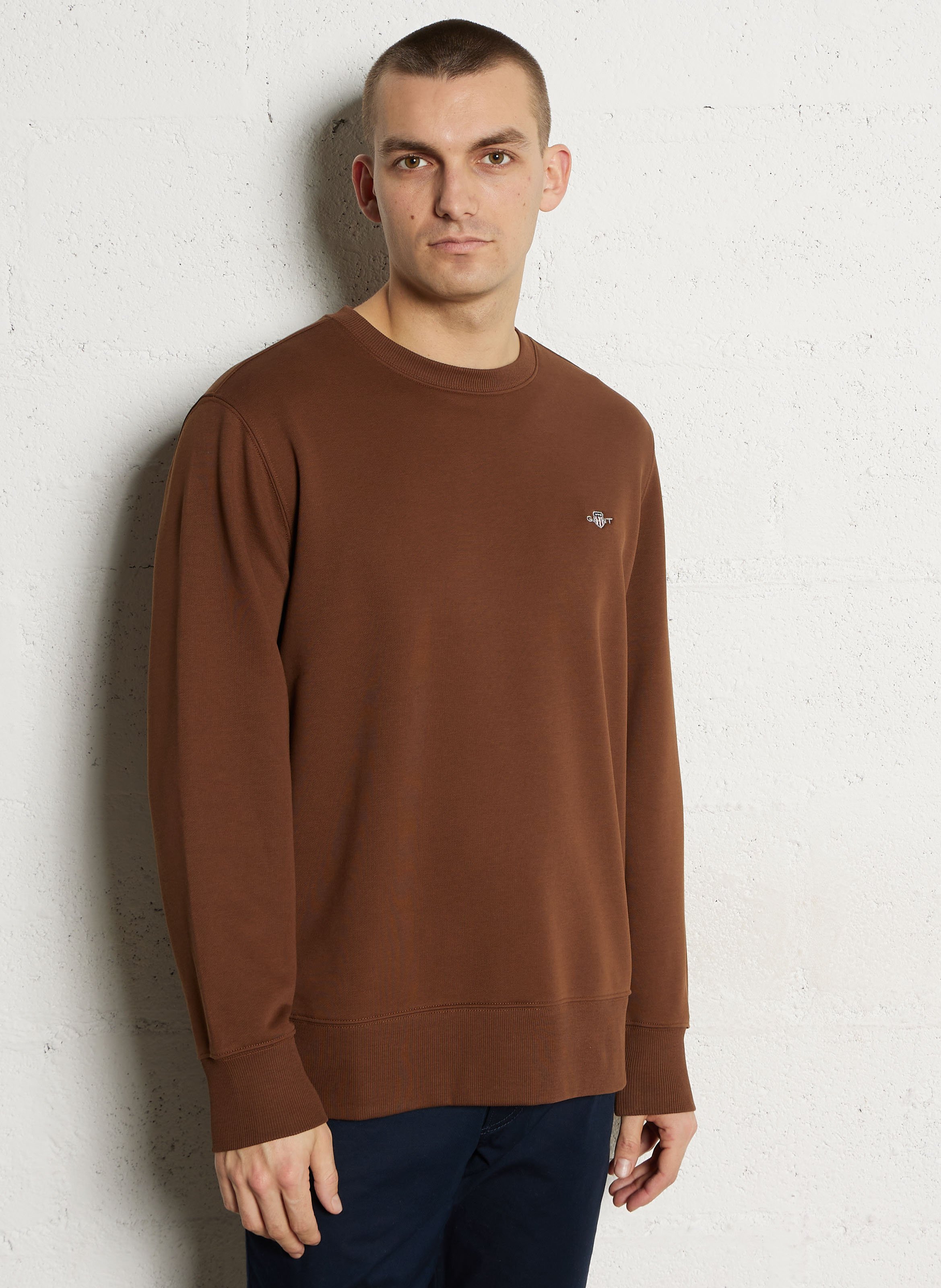 Sweat droit col rond brodé en coton mélangé GANT Marron