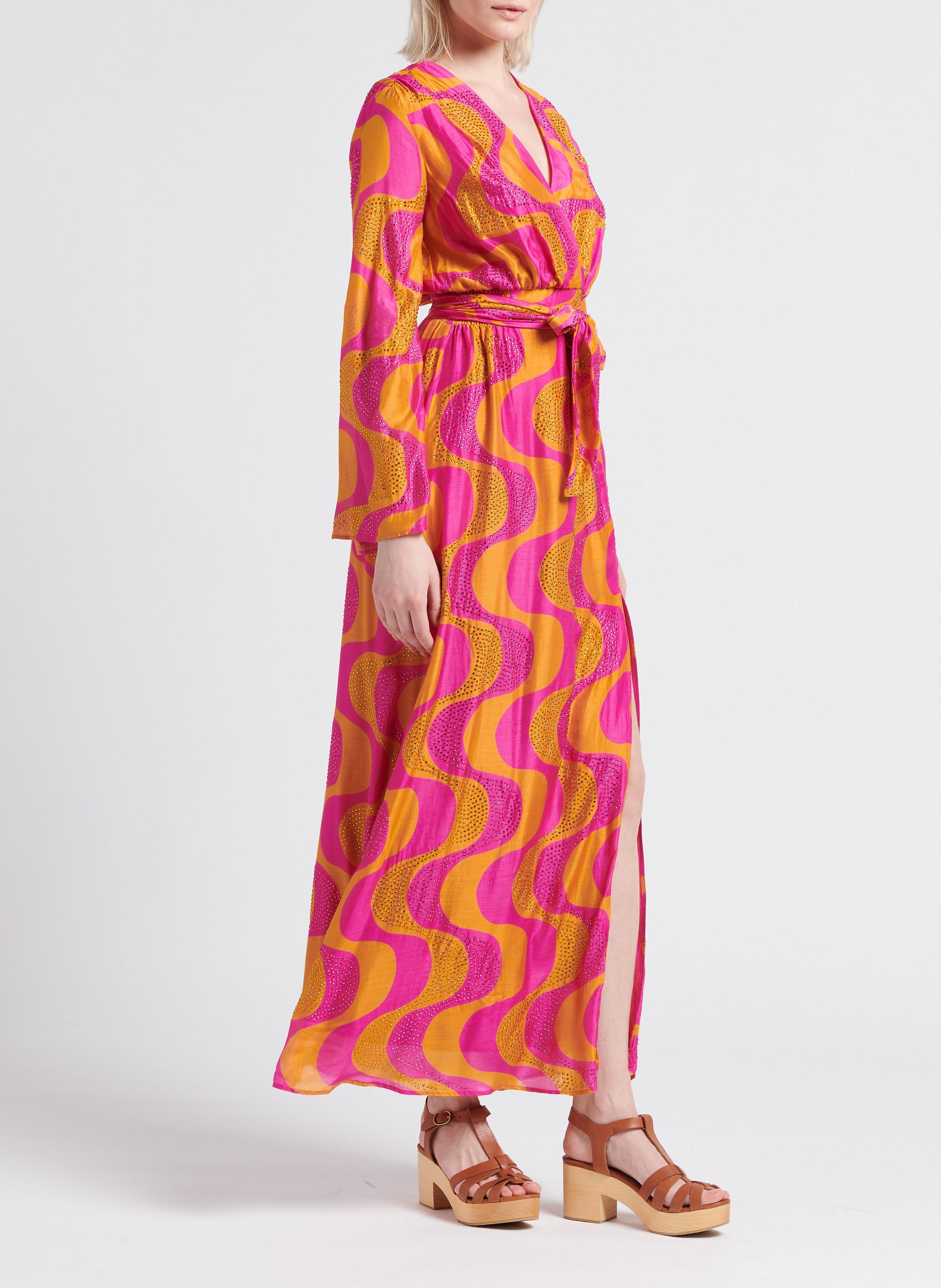 Lange jurk met V-hals en strass SUNDRESS Oranje