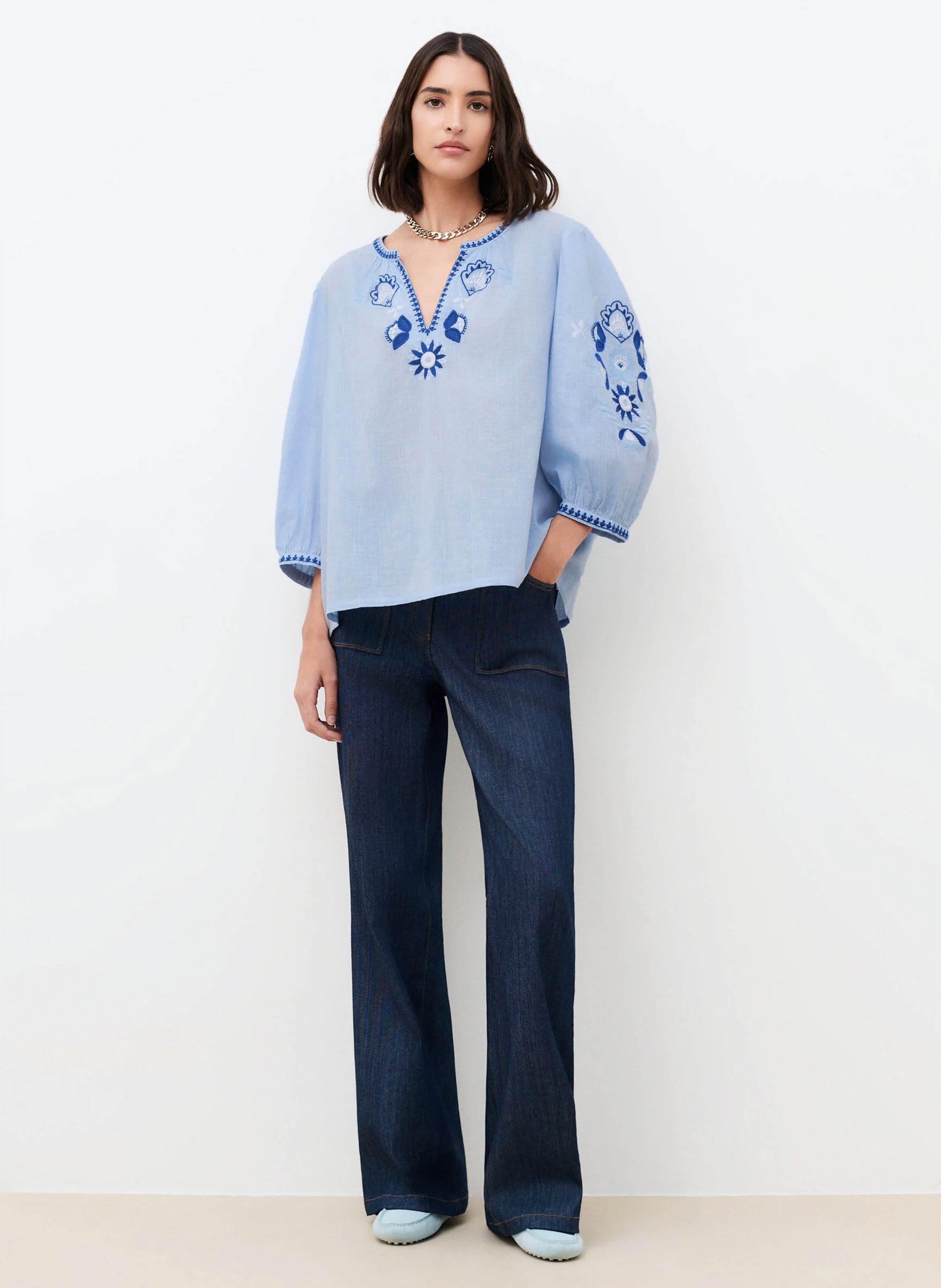 Loose-fit cotton henley blouse Blue