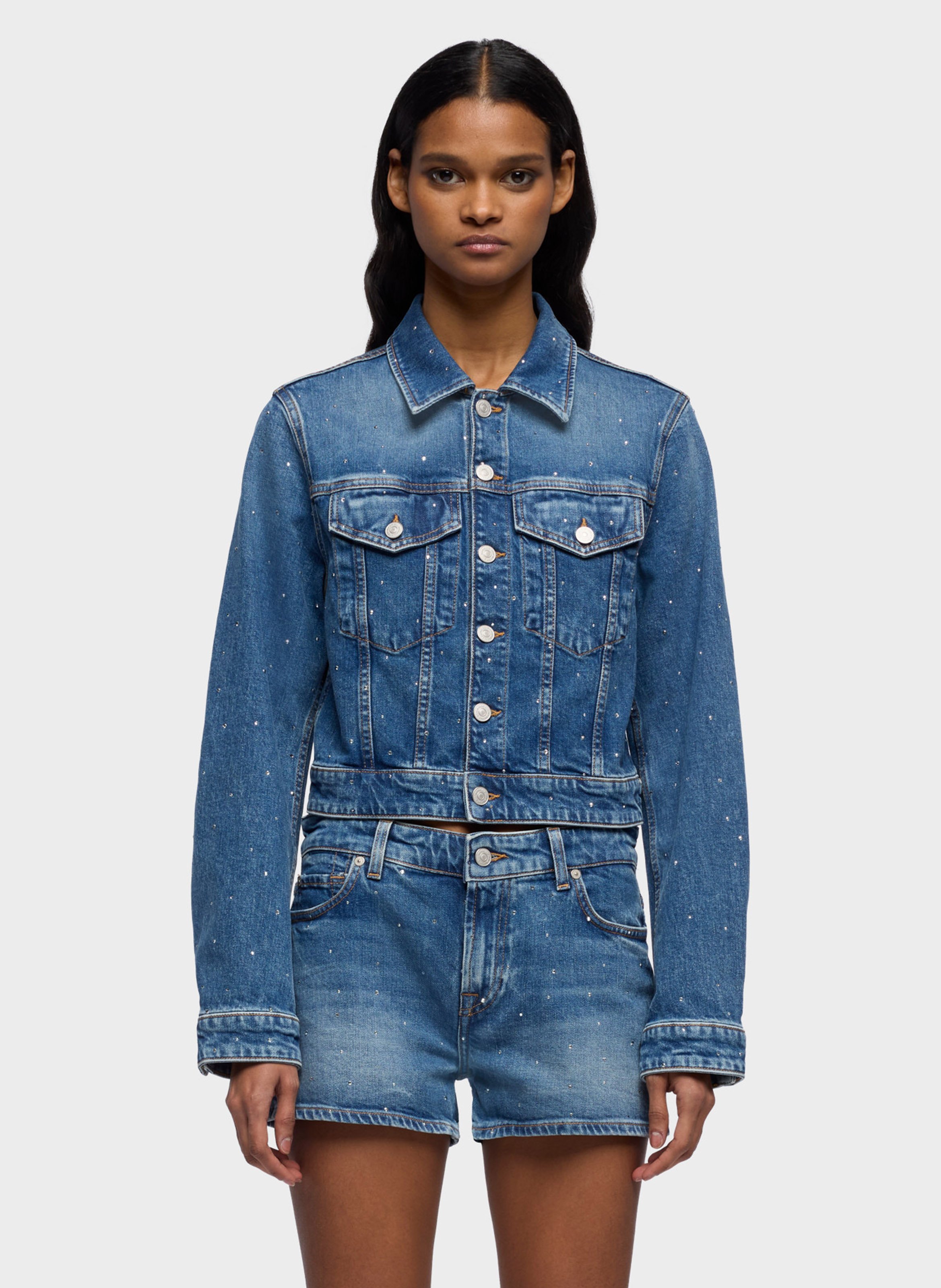 Veste courte en jean à strass 7 FOR ALL MANKIND Bleu