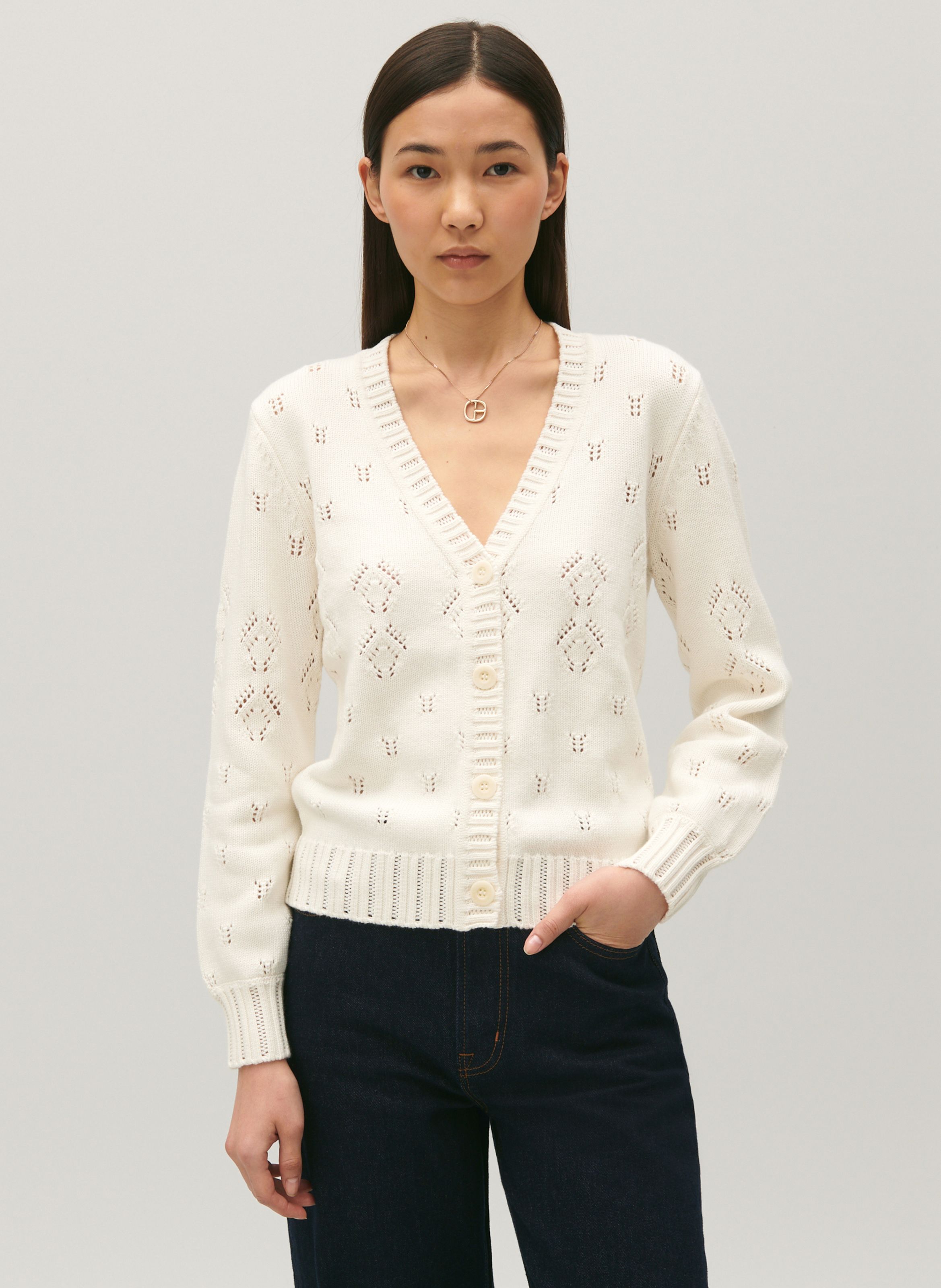 White V neck organic cotton blend cardigan