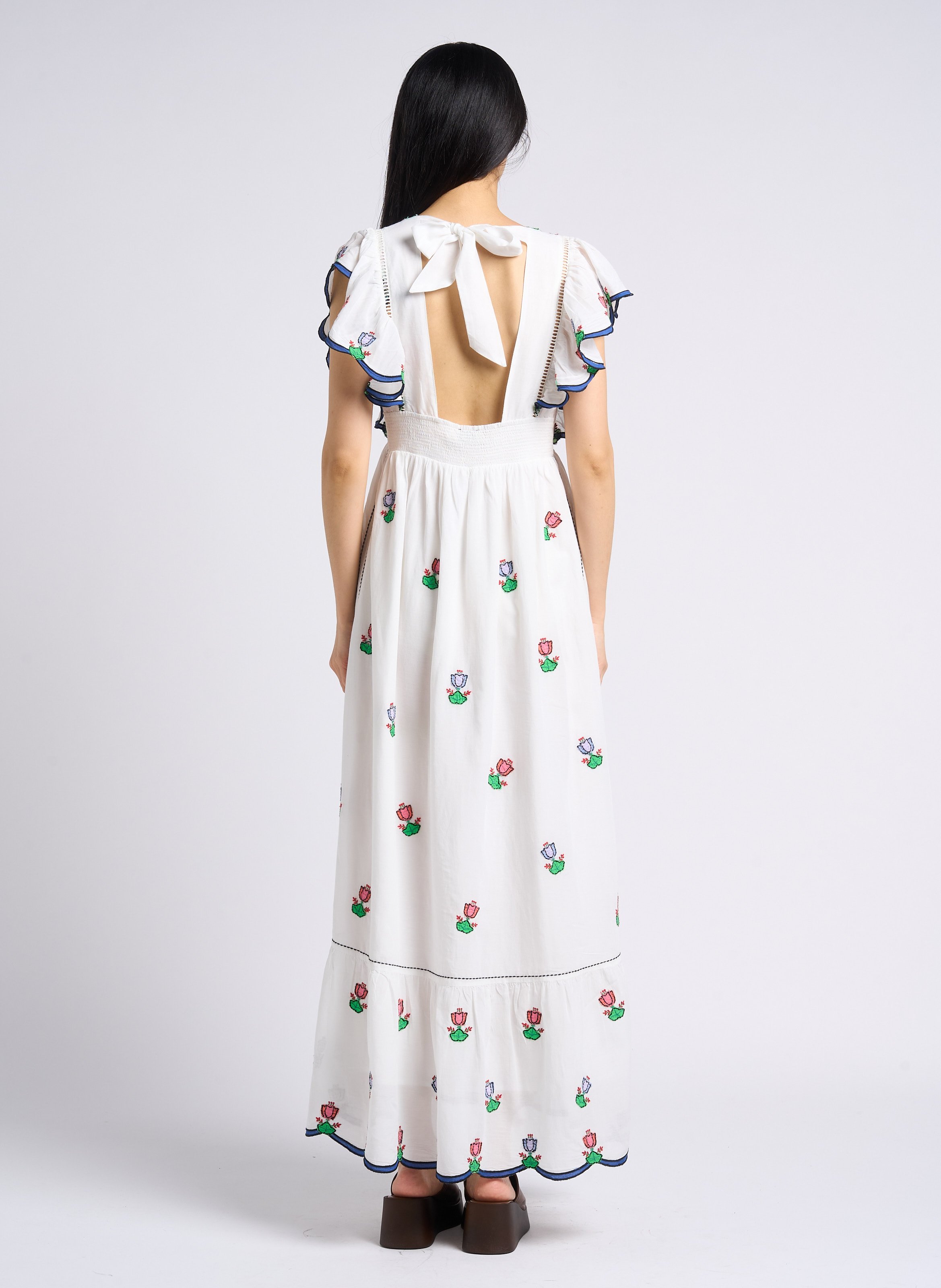 Robe longue cintrée à broderie florale PAUL AND JOE Blanc