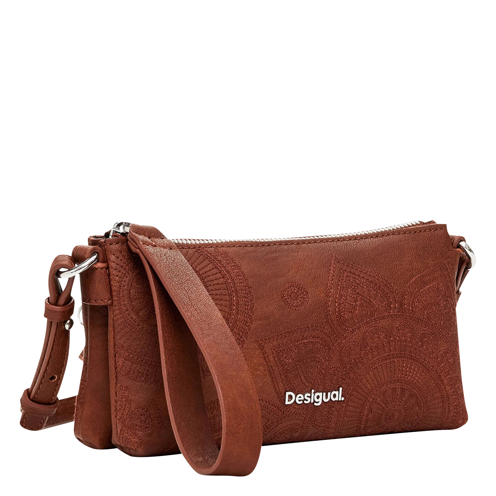 Bolso bandolera bordado efecto cuero Marron Desigual Mujer