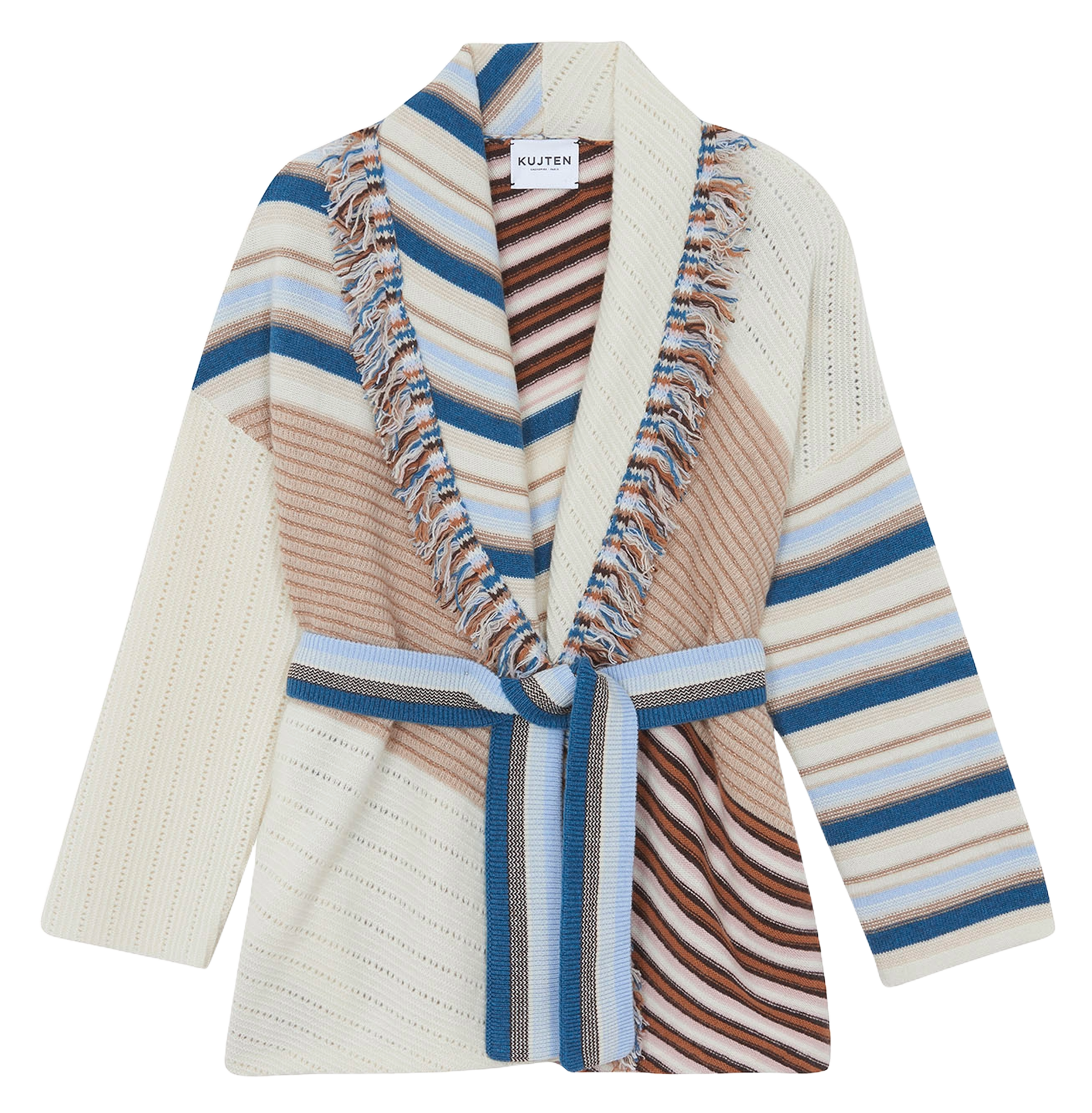 Veste ceinturée à rayures en cachemire Blanc