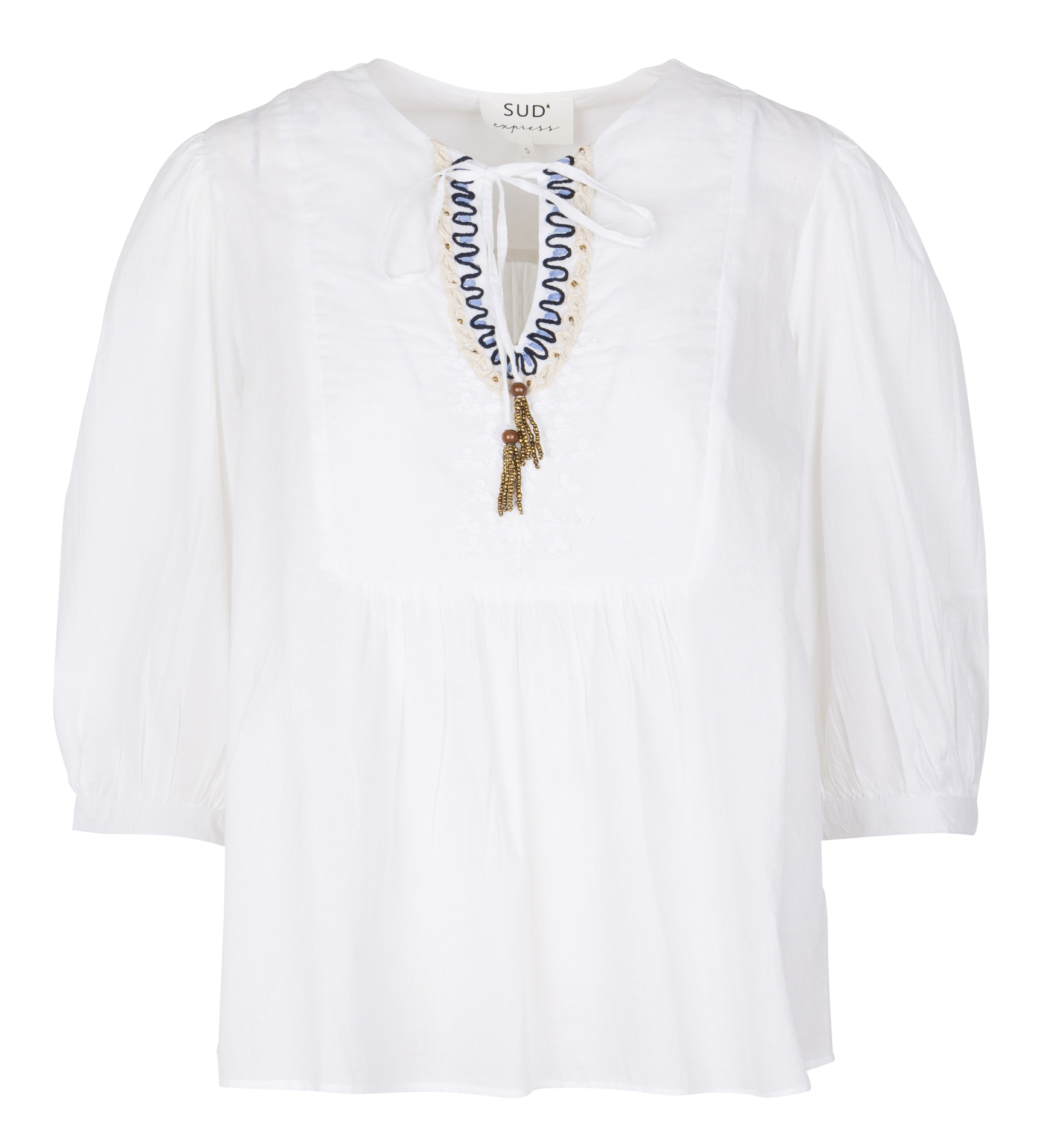 Blouse col tunisien brodée en coton SUD EXPRESS Blanc