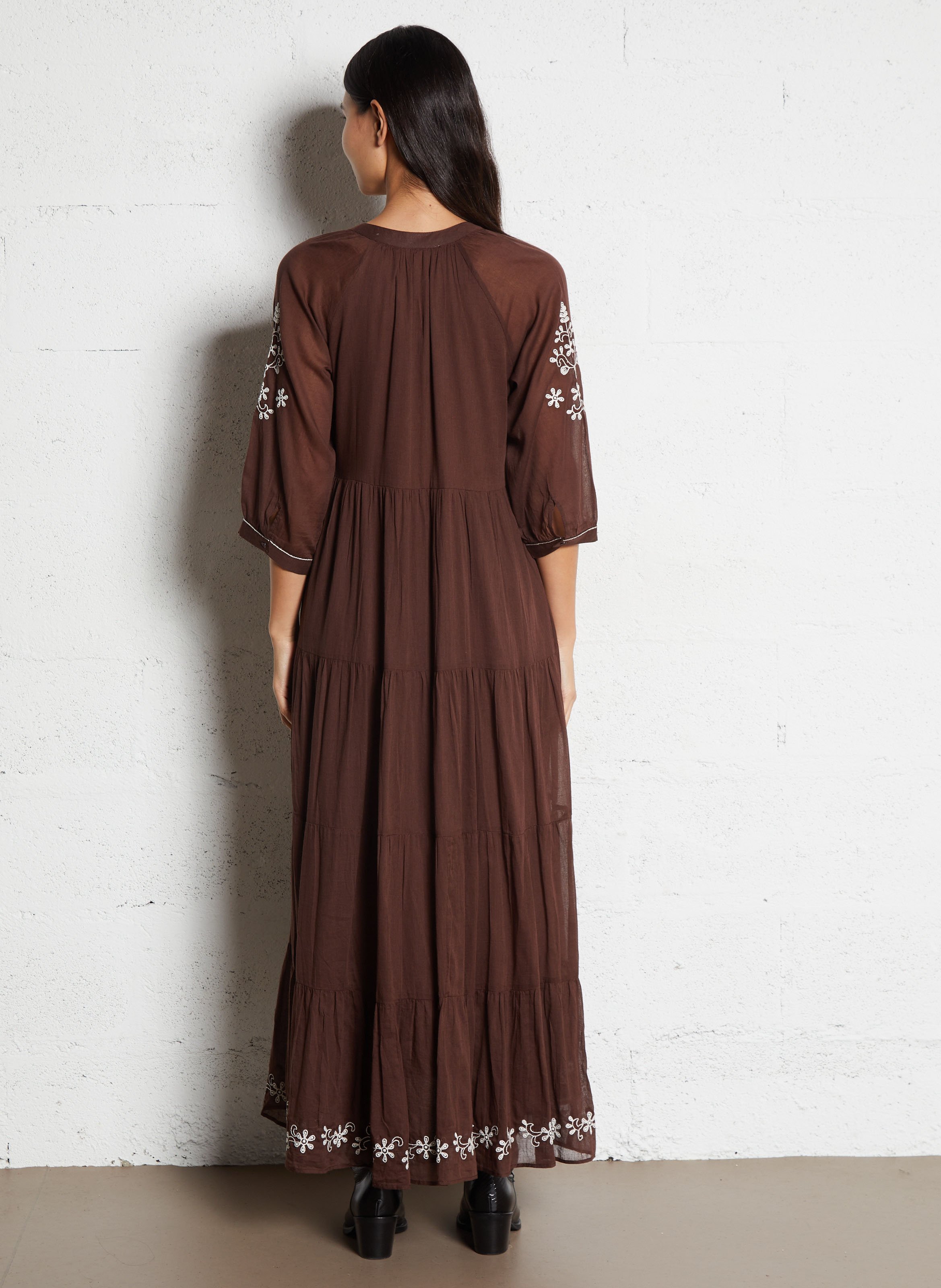 Robe longue ample à motifs brodés SUD EXPRESS Marron