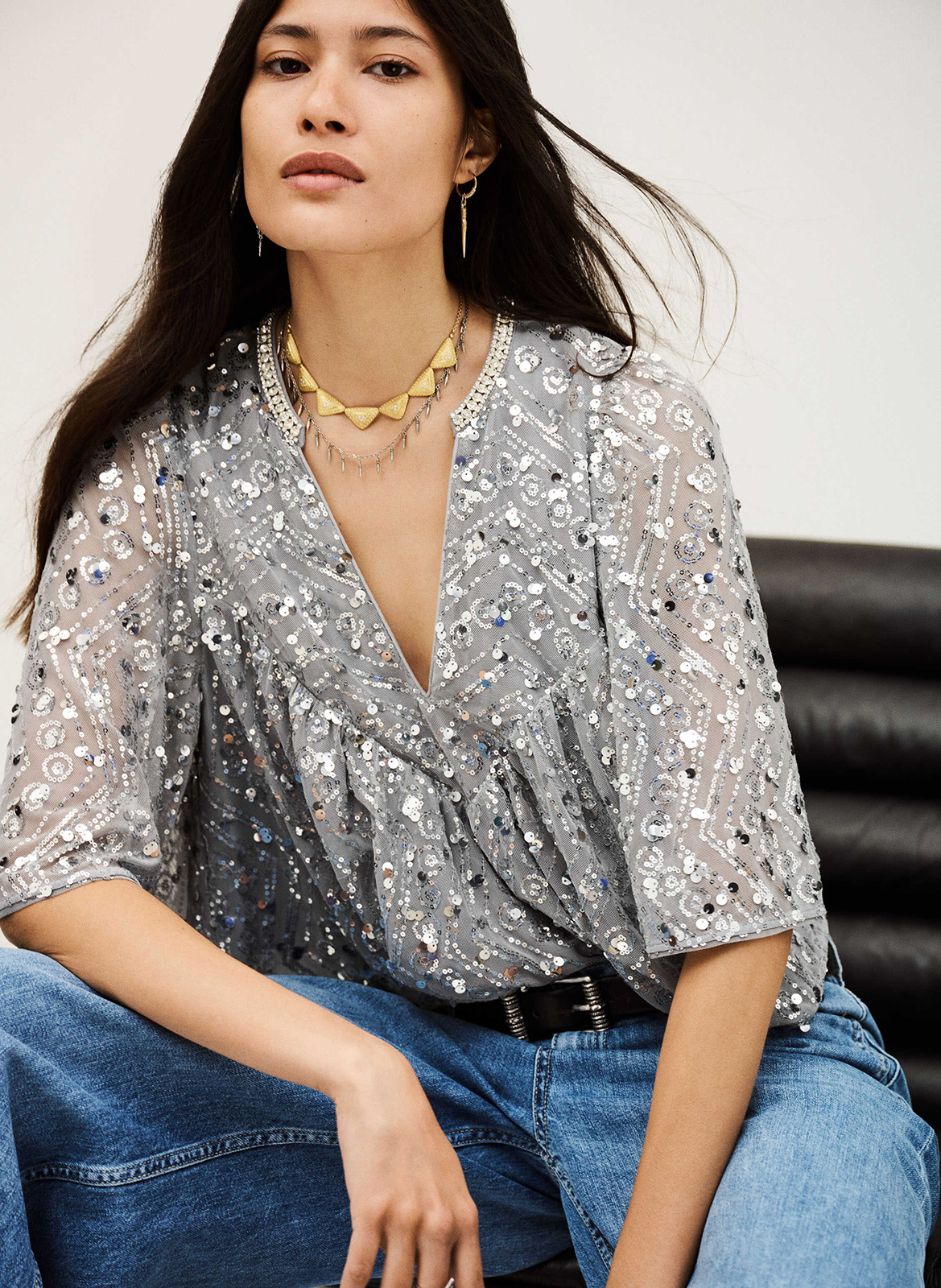 Top ample col V à sequins BA&SH Argent