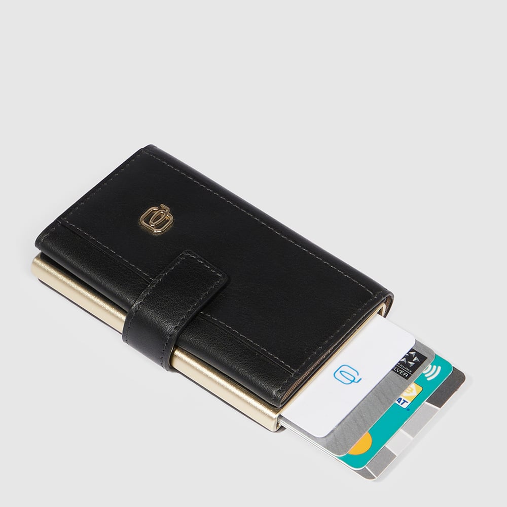 Automatic flap card holder in leather and metal with RFID protection PIQUADRO Black