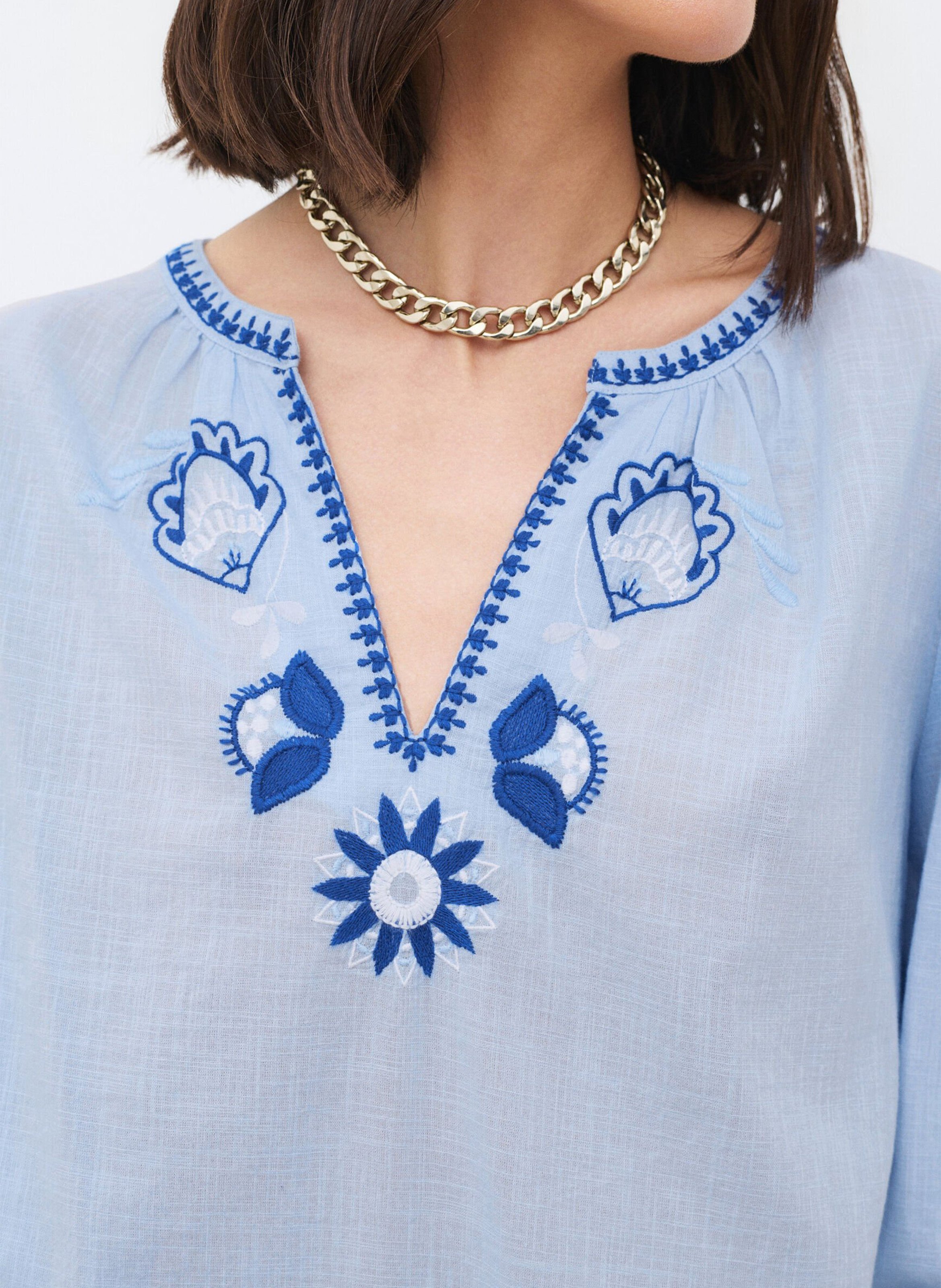 Loose-fit cotton henley blouse Blue