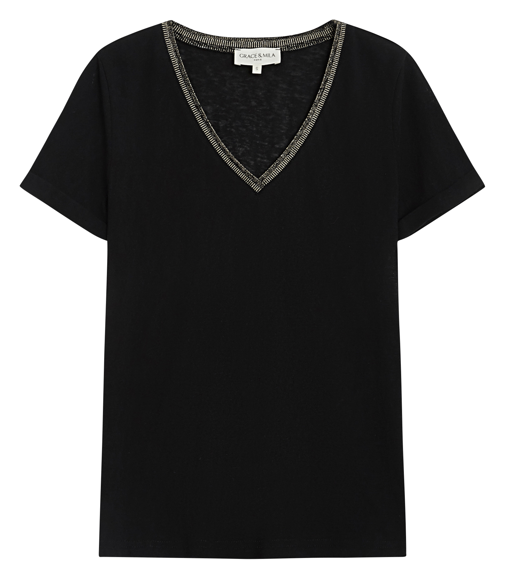 Tee-shirt col V en coton mélangé GRACE ET MILA Noir