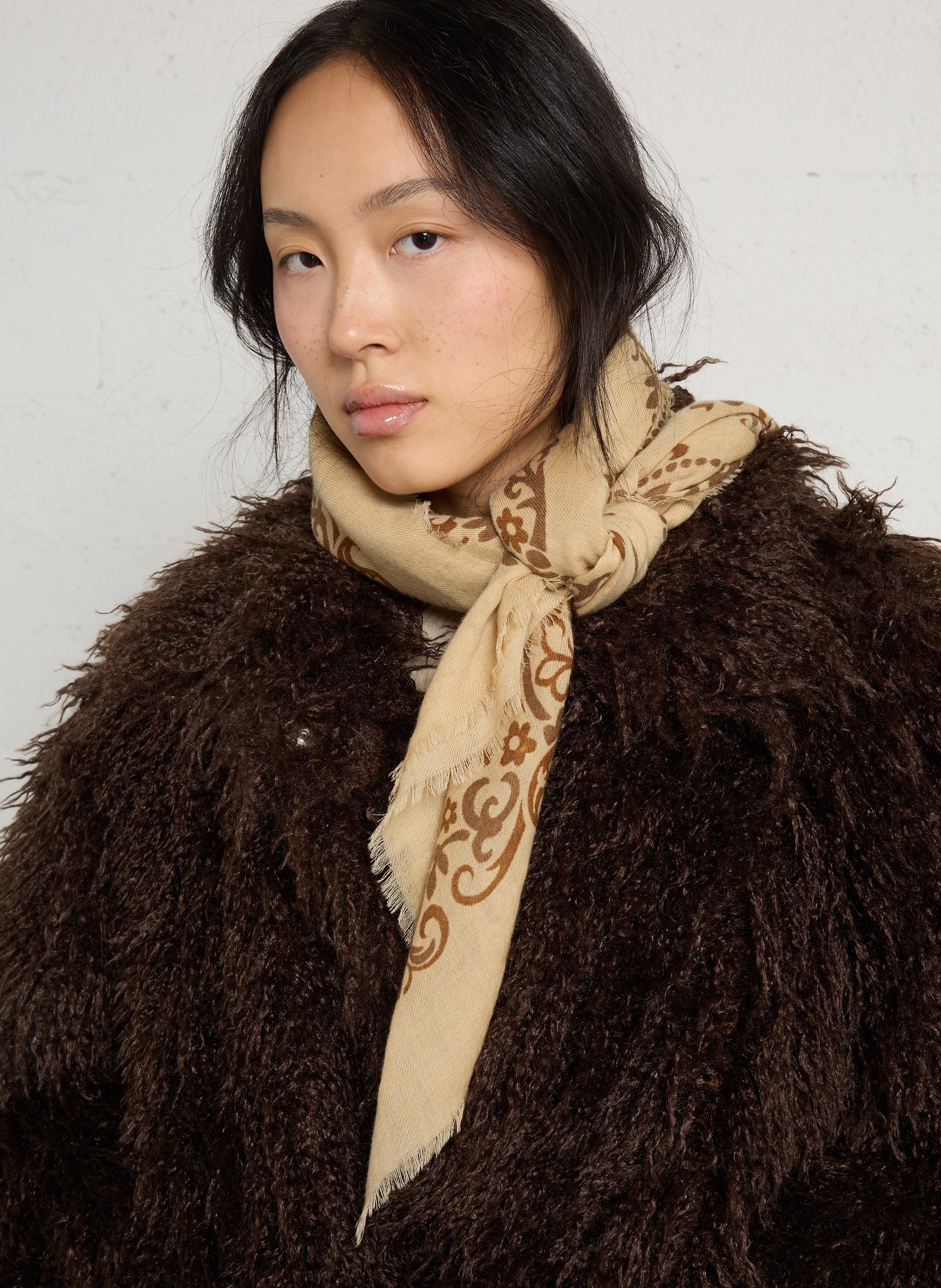Printed wool and cashmere scarf MAISON LECOMTE FLAMENT Brown