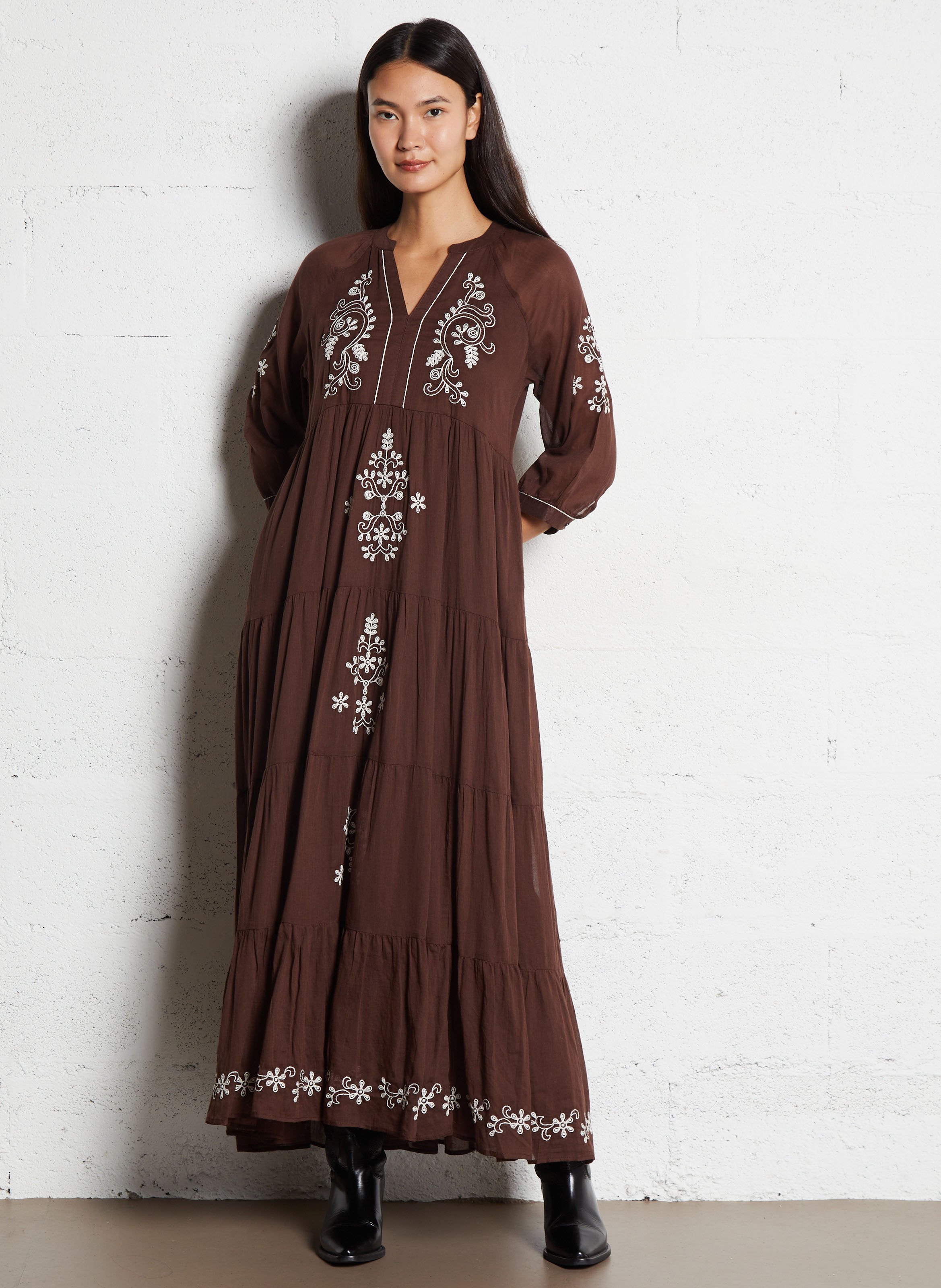 Robe longue ample à motifs brodés SUD EXPRESS Marron
