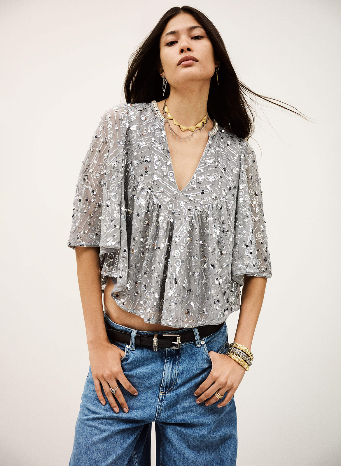 Top ample col V à sequins BA&SH Argent