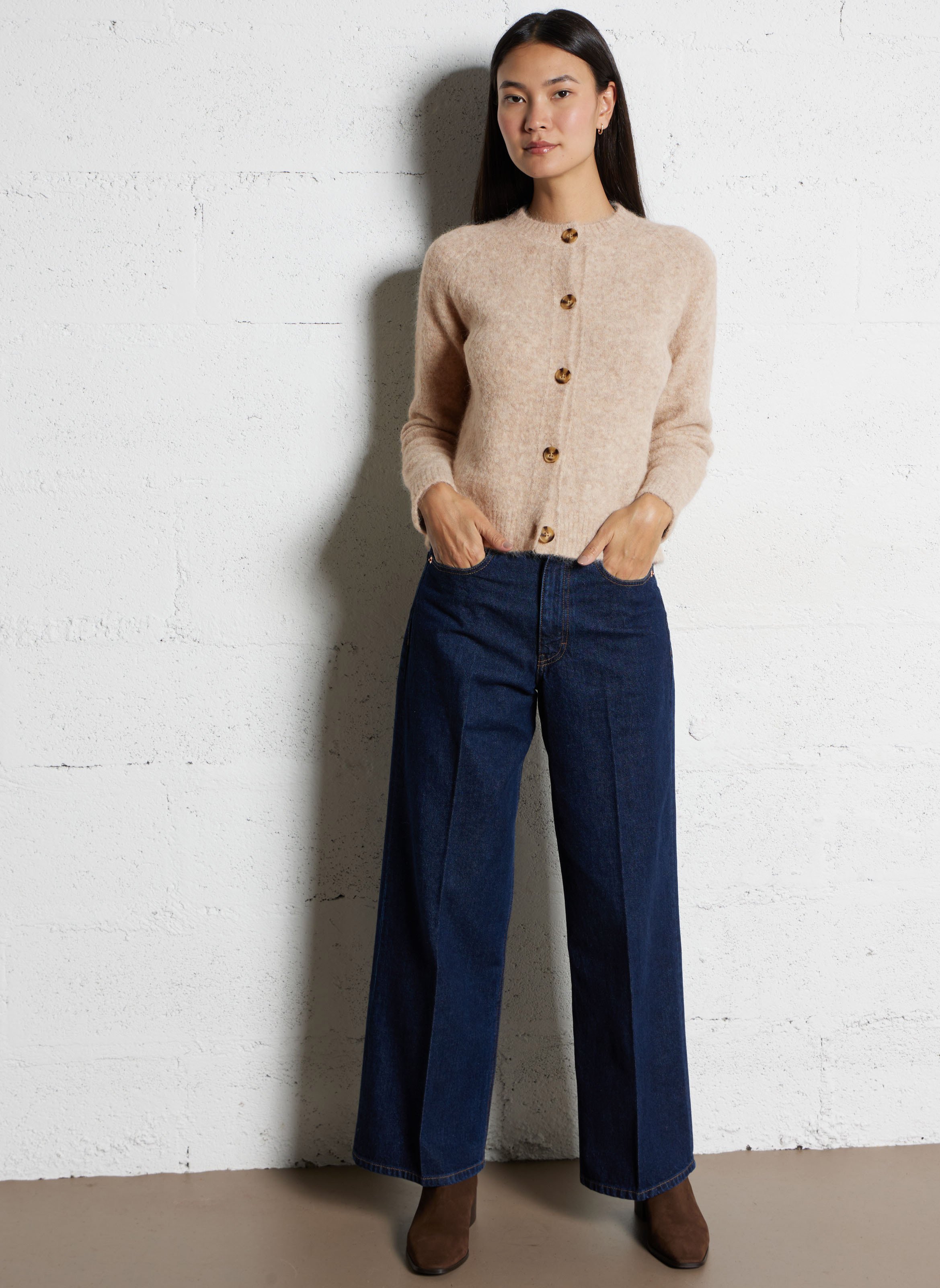 Gilet droit col rond en laine de yack mélangée HARTFORD Beige