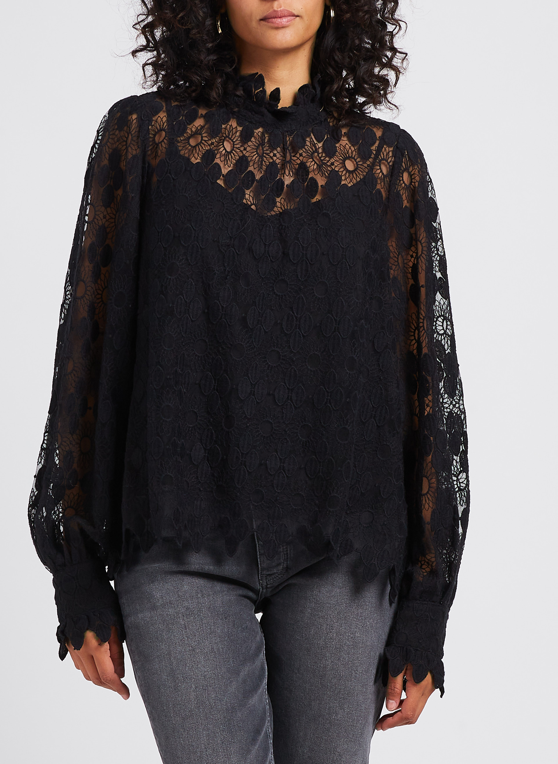 High-neck blouse with openwork embroidery VILA Black