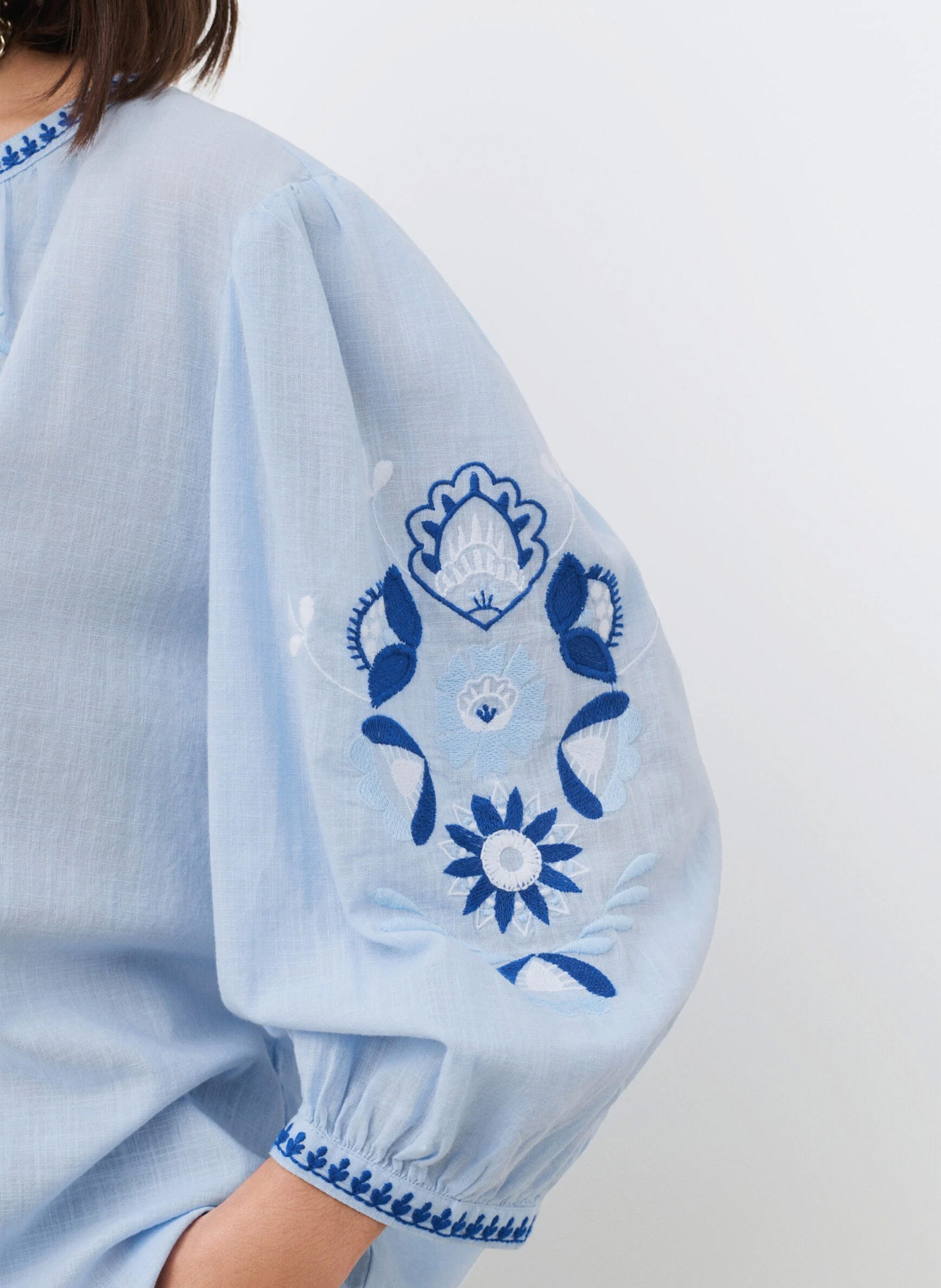 Loose-fit cotton henley blouse Blue