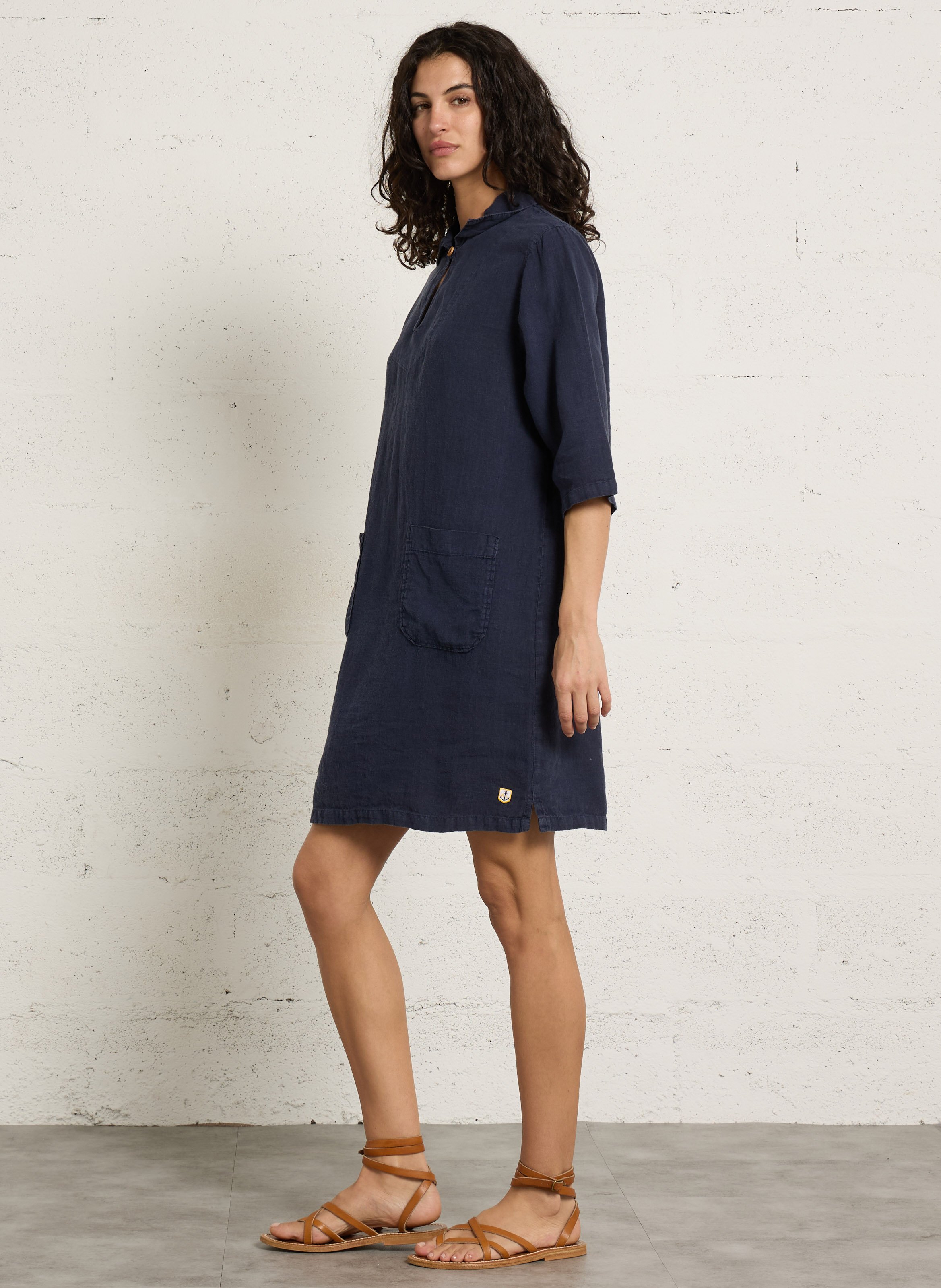Straight linen dress with classic collar ARMOR LUX Blue