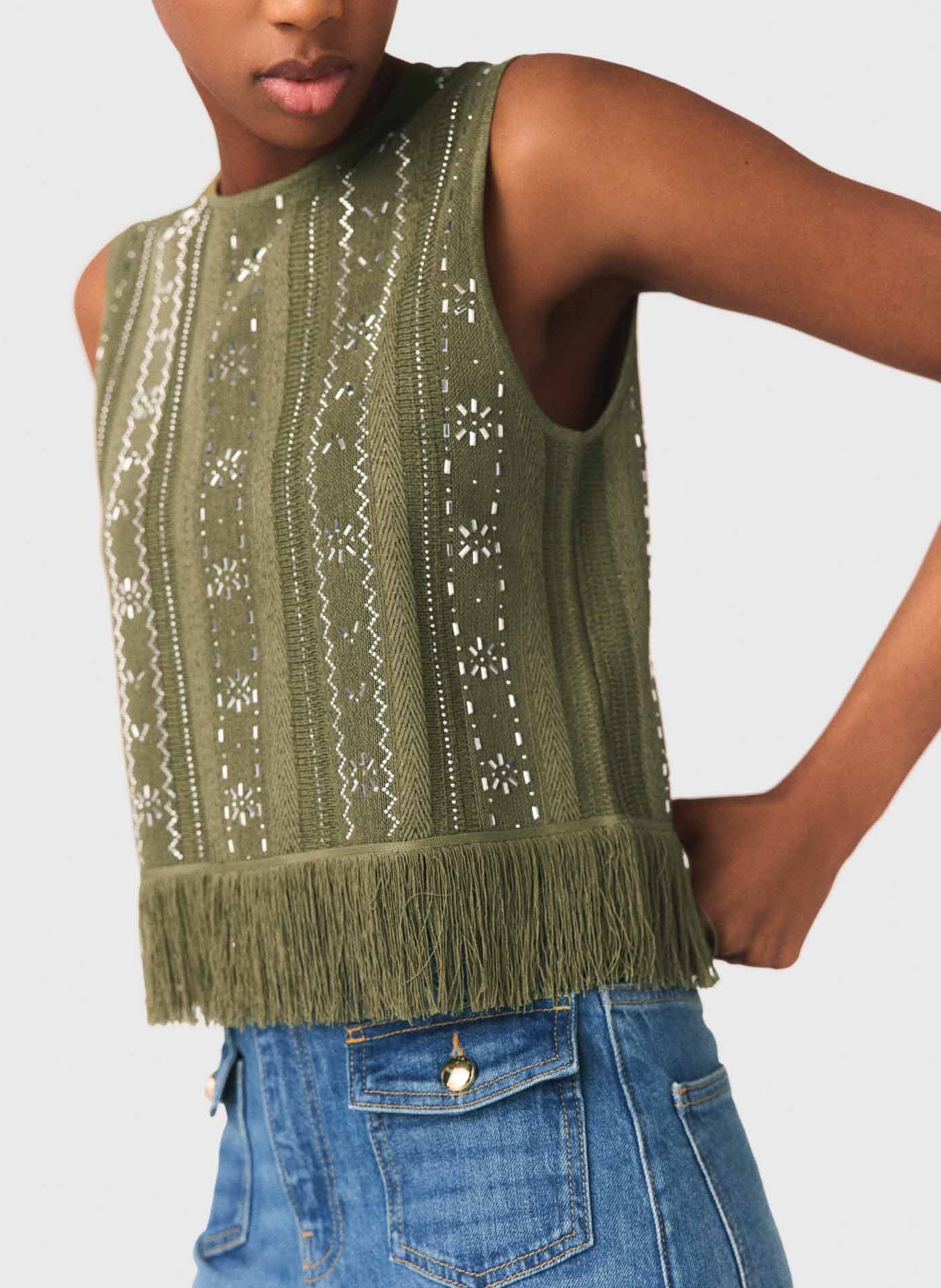 Mouwloze top met franjes en fantasiedetails MAJE Kaki