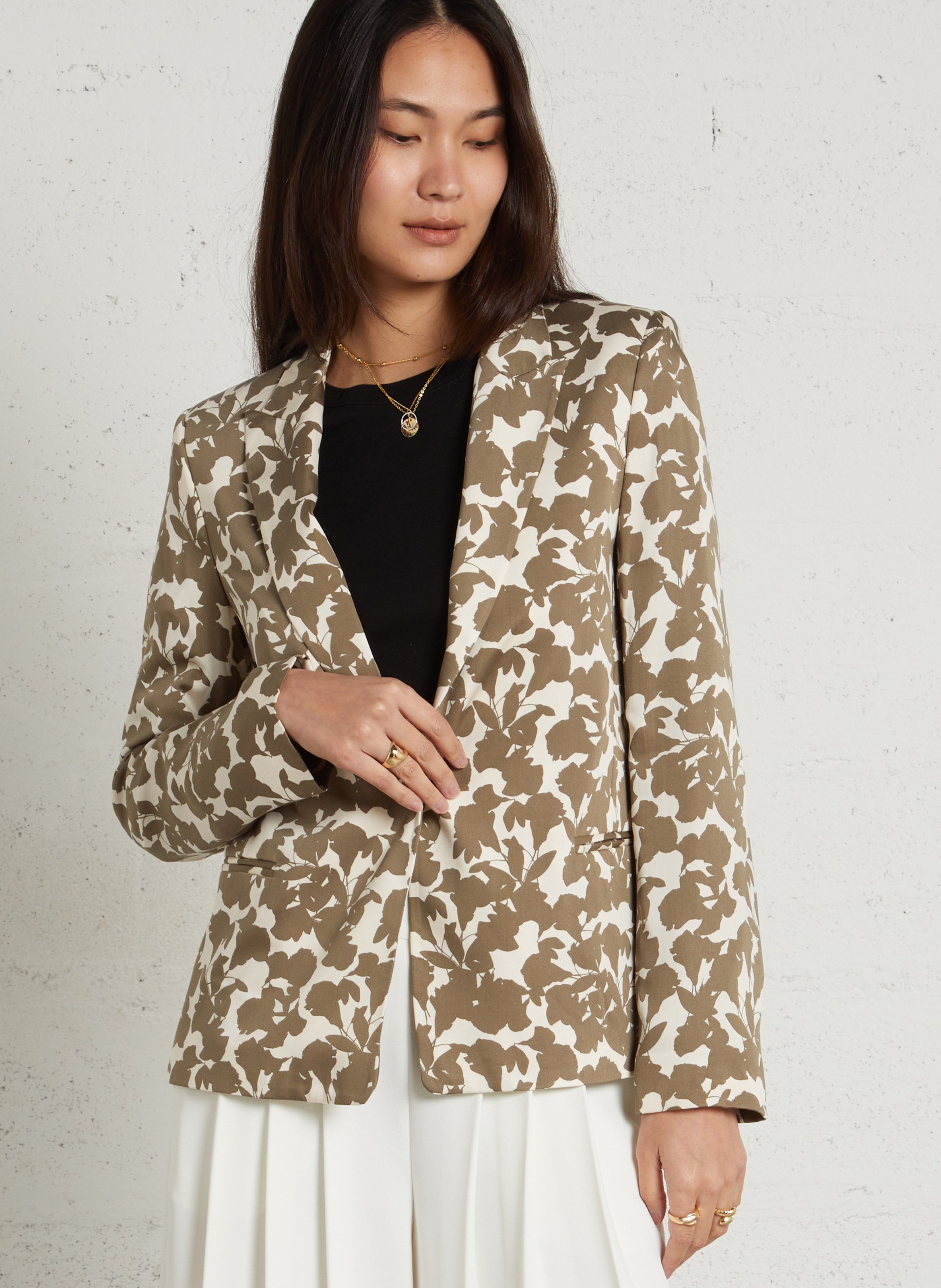 Straight printed jacket with tailored collar IKKS Khaki