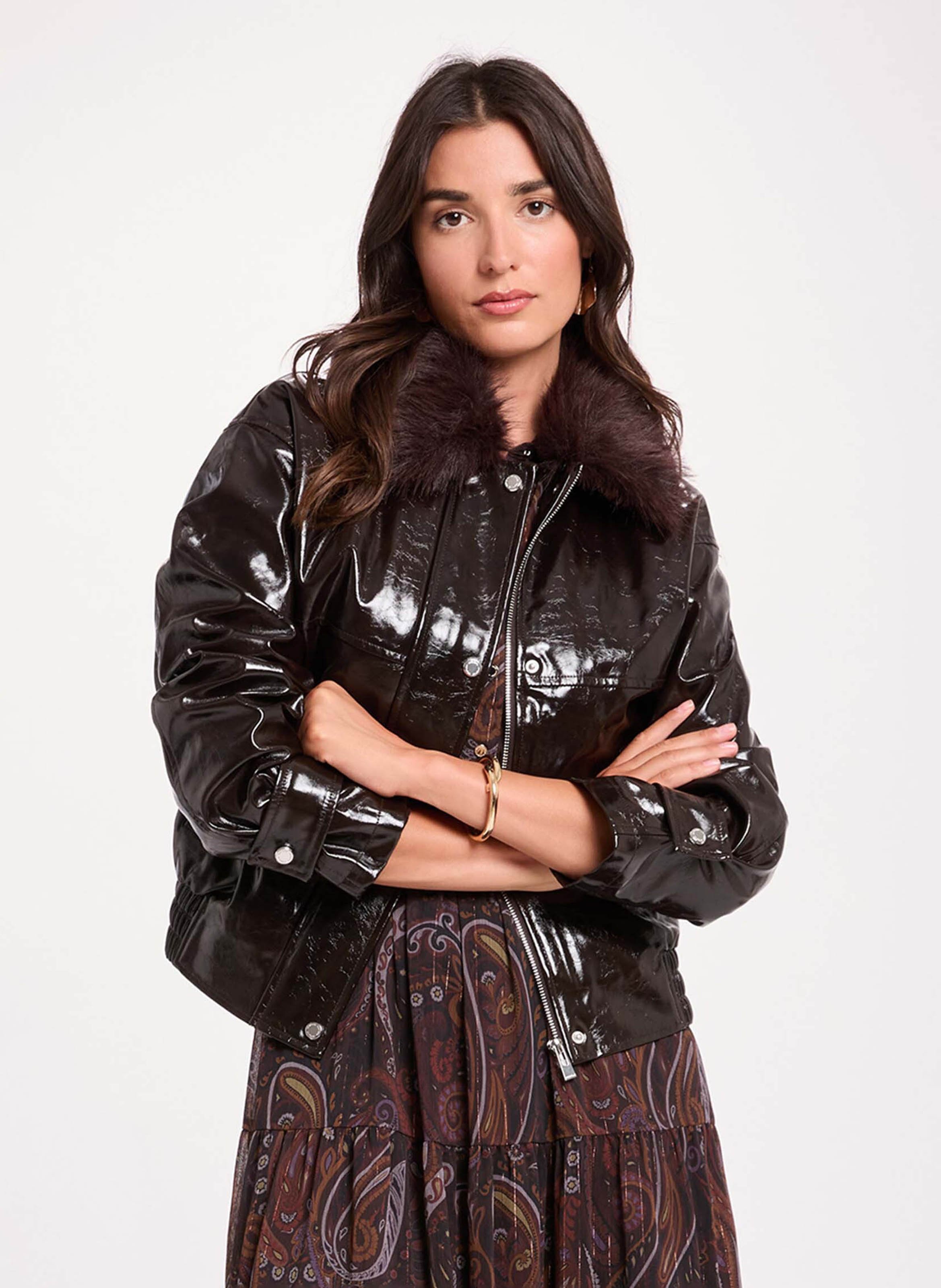 Vinyllook jas met ritssluiting MORGAN Bruin
